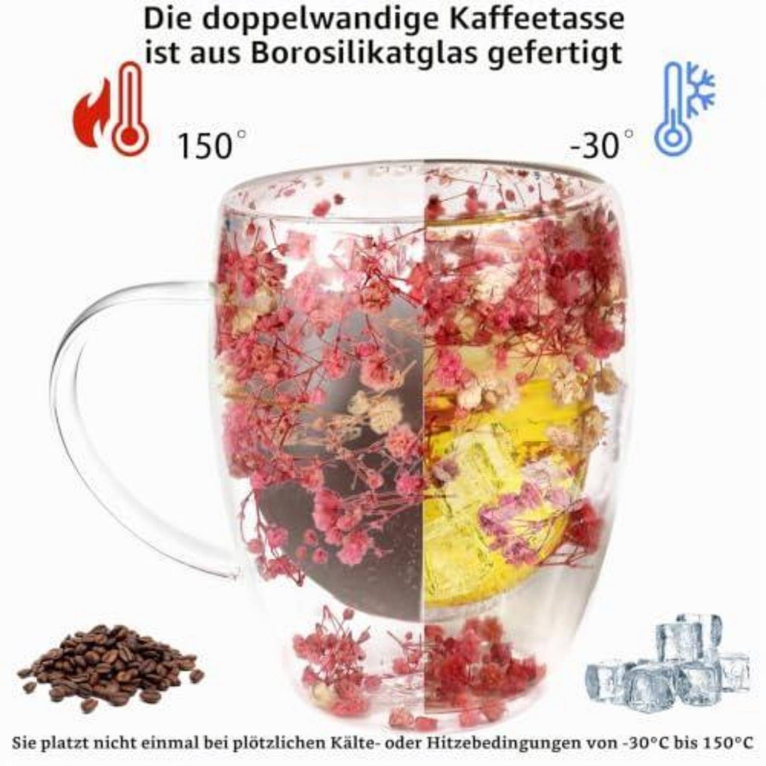 Doppelwandige Borosilikat-Glaskaffeetasse, die Temperaturen von -30°C bis 150°C ohne Risse aushält, dargestellt mit Heiß- und Kaltsymbolen.