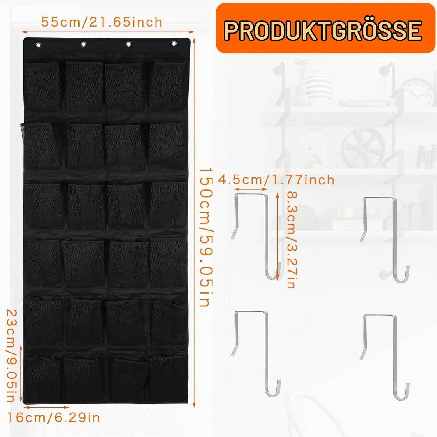 Größendiagramm eines schwarzen Hängeorganizers: 55 cm breit mal 150 cm hoch mit 16 cm Basis, plus vier Metallhaken mit Abmessungen von 4,5 cm mal 8,3 cm.