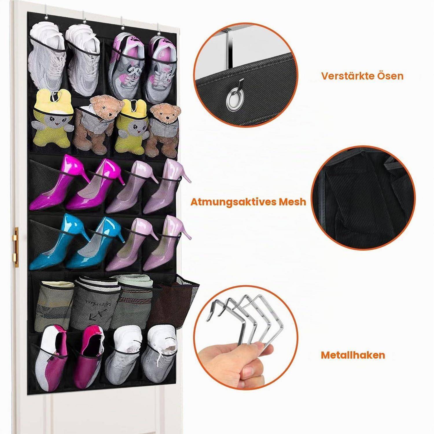 Über-der-Tür hängender Schuhorganizer mit mehreren Mesh-Taschen zum Aufbewahren von Schuhen und Zubehör, plus Nahaufnahmen von verstärkten Ösen und Metallhaken.
