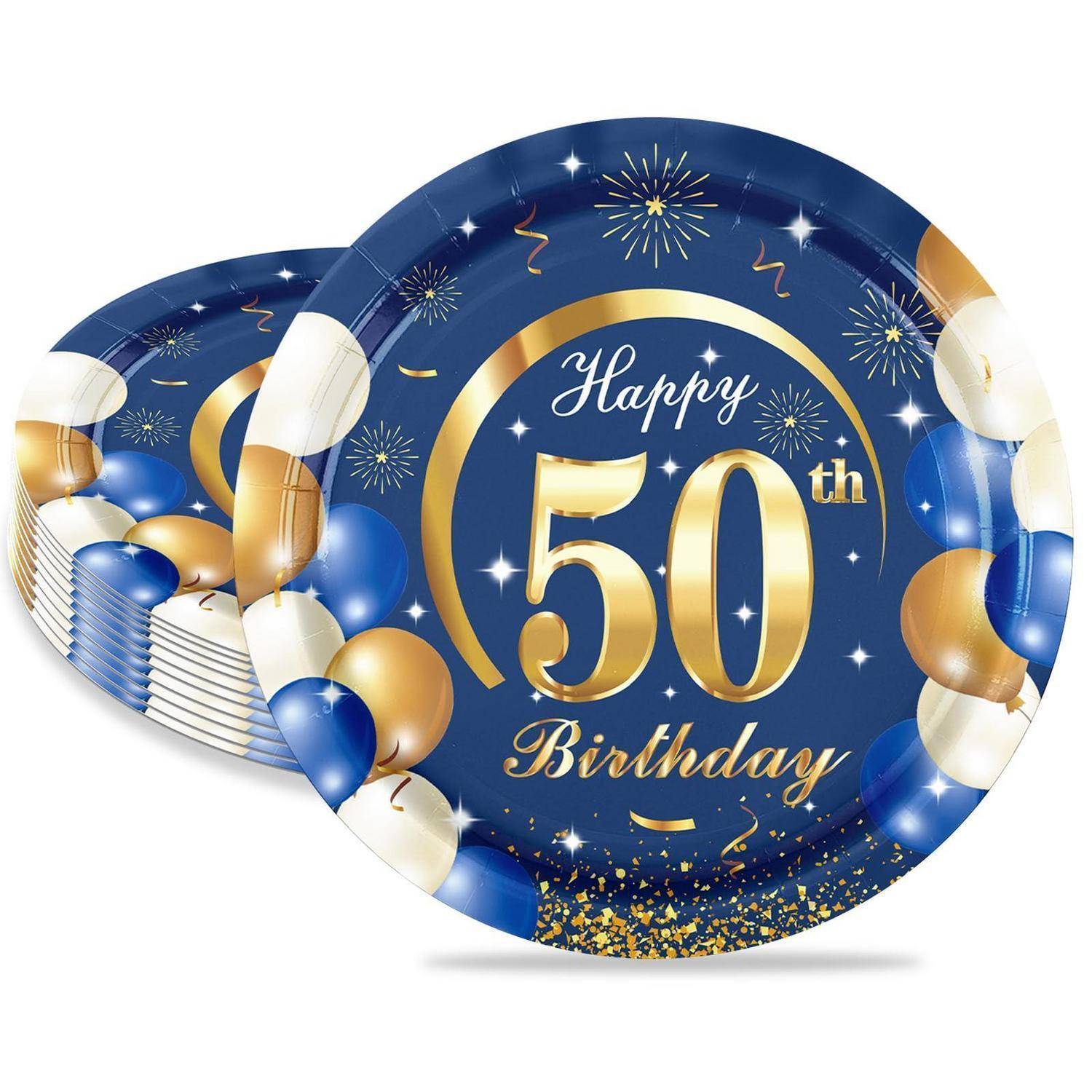 Blau und gold Teller zur 50. Geburtstagsfeier mit Luftballons und Feuerwerk, mit der Aufschrift „Alles Gute zum 50. Geburtstag