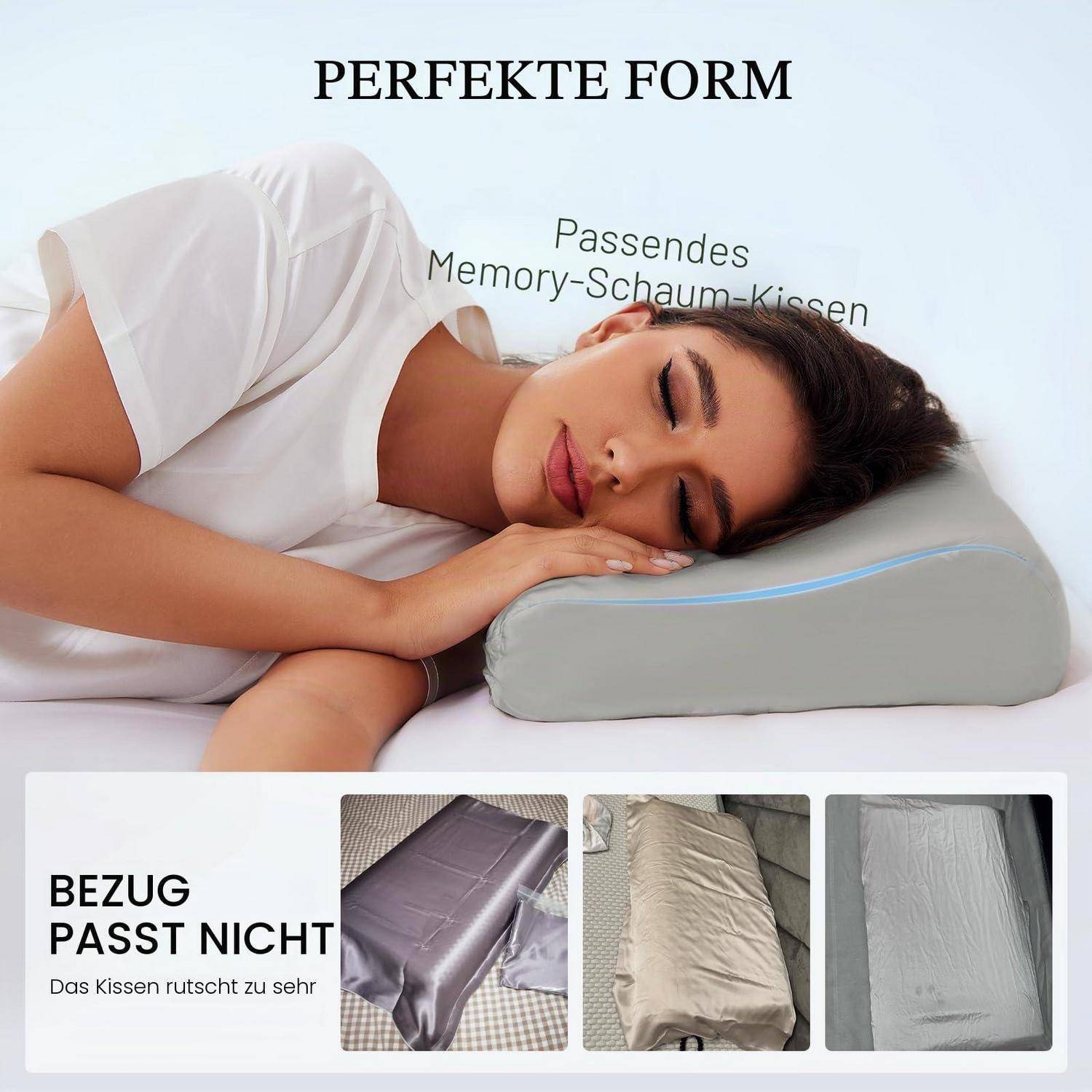 Frau schläft auf einem Memory-Schaum-Kissen mit dem Text „PERFEKTE FORM" und „Passendes Memory-Schaum-Kissen""; das untere Panel zeigt drei Kissenbezüge, einer ist mit „BEZUG PASST NICHT"" beschriftet.