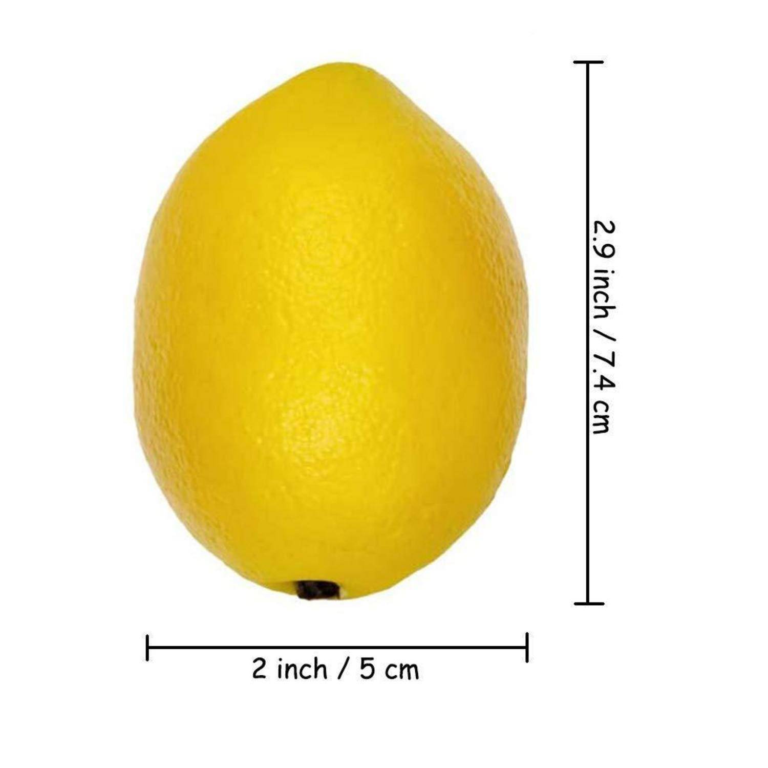 Gelbe Zitrone mit Größenangaben: 5 cm breit und 7,4 cm hoch (2 Zoll/5 cm breit und 2,9 Zoll/7,4 cm hoch).