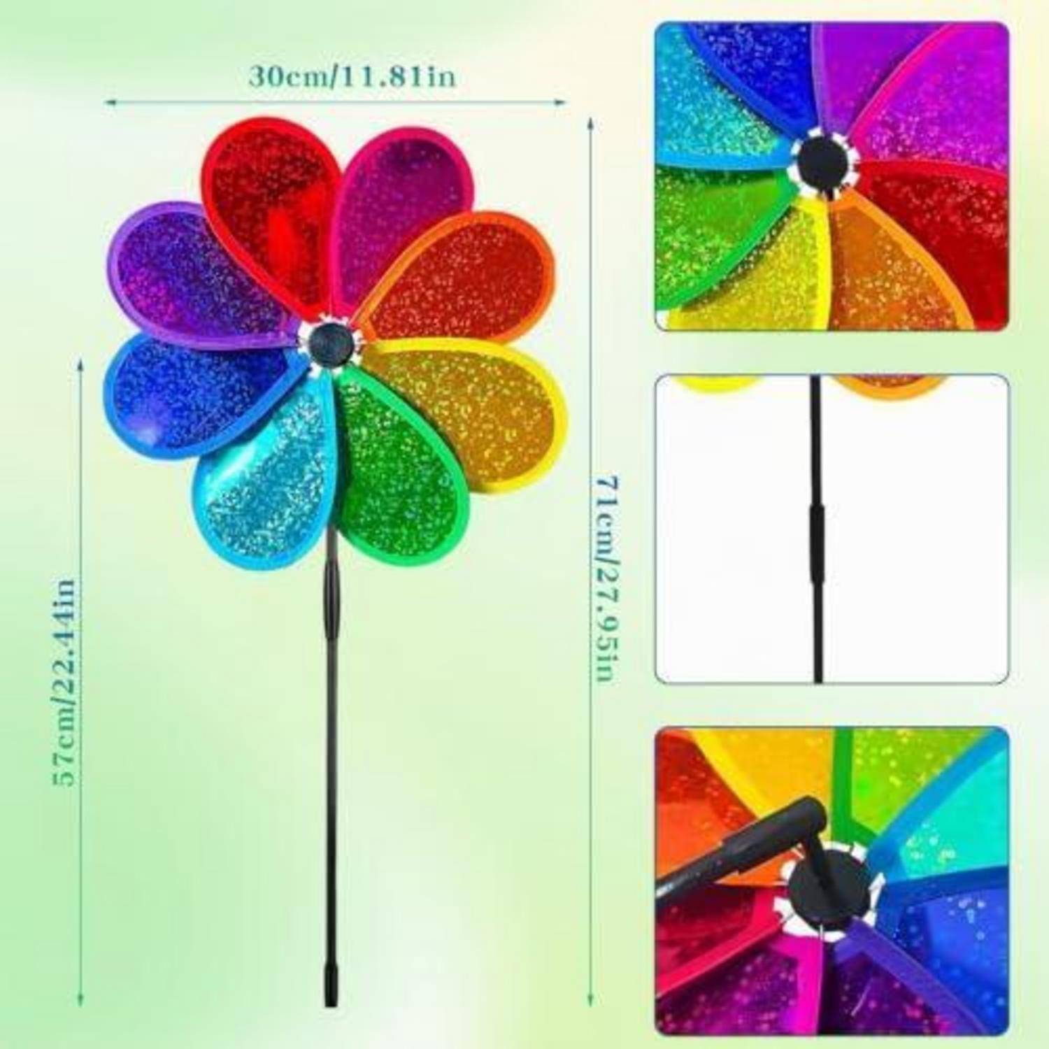 Regenbogenfarbenes siebenschleifiges Windmühlenspielzeug auf schwarzem Stab, dargestellt mit Nahaufnahmen und Größenmessungen: 30 cm breit, 57 cm hoch, 71 cm Gesamtlänge.
