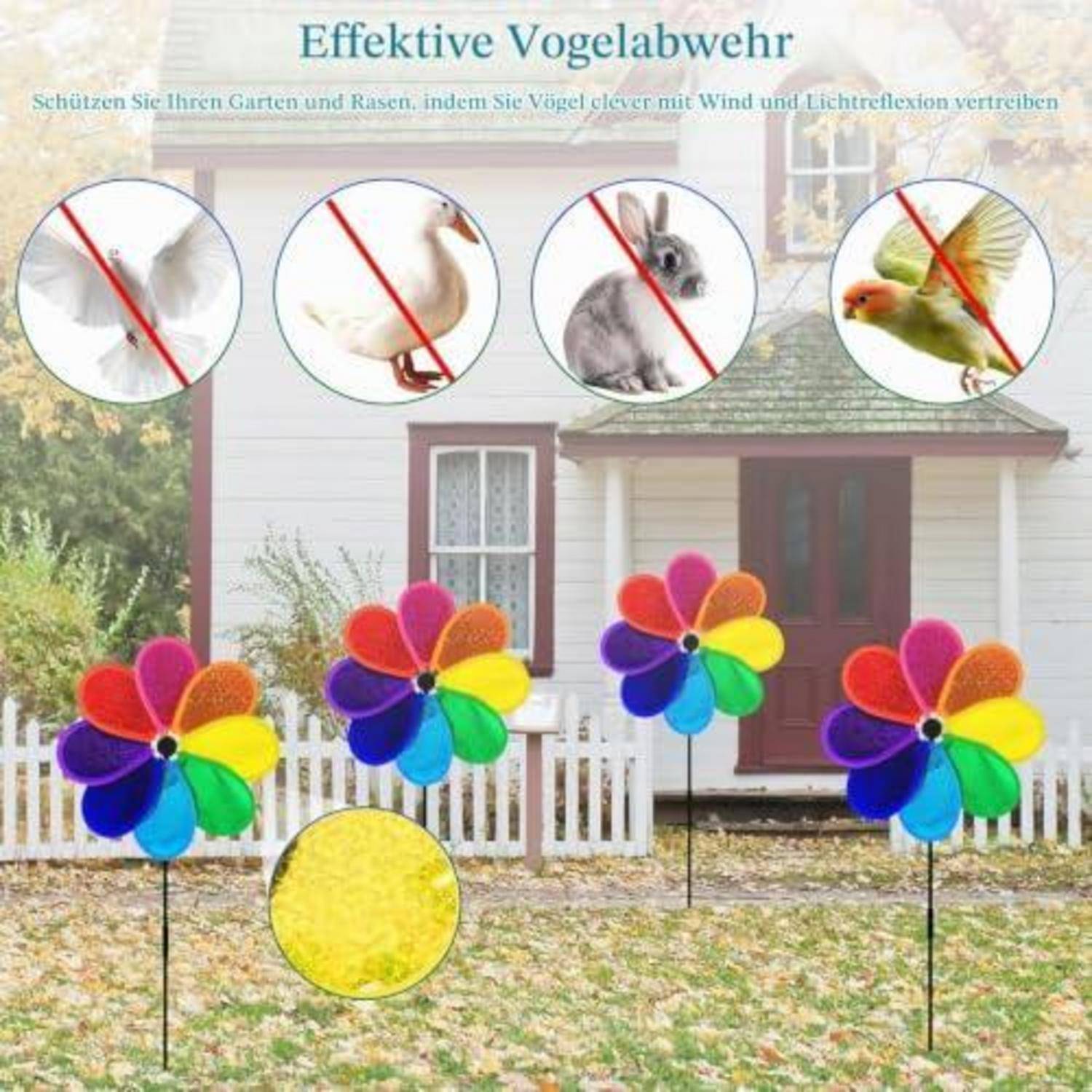Effektive Vogelabwehr: Regenbogen-Windräder im Garten mit durchgestrichenen Symbolen von Vögeln und einem Kaninchen, um Schädlinge vom Garten fernzuhalten.