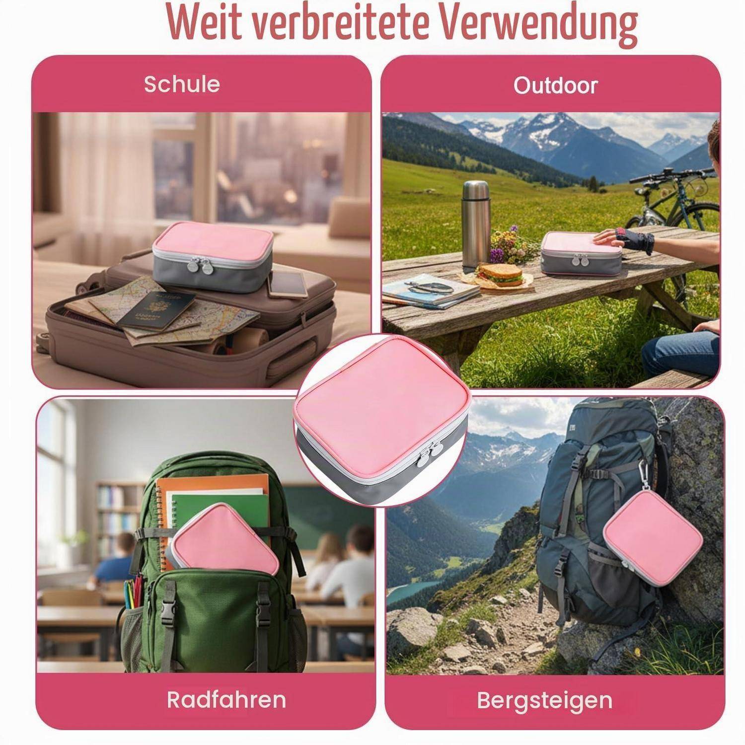 2x Medikamententasche Wasserdicht mit Fächern 13x10x4cm Grau/Rosa