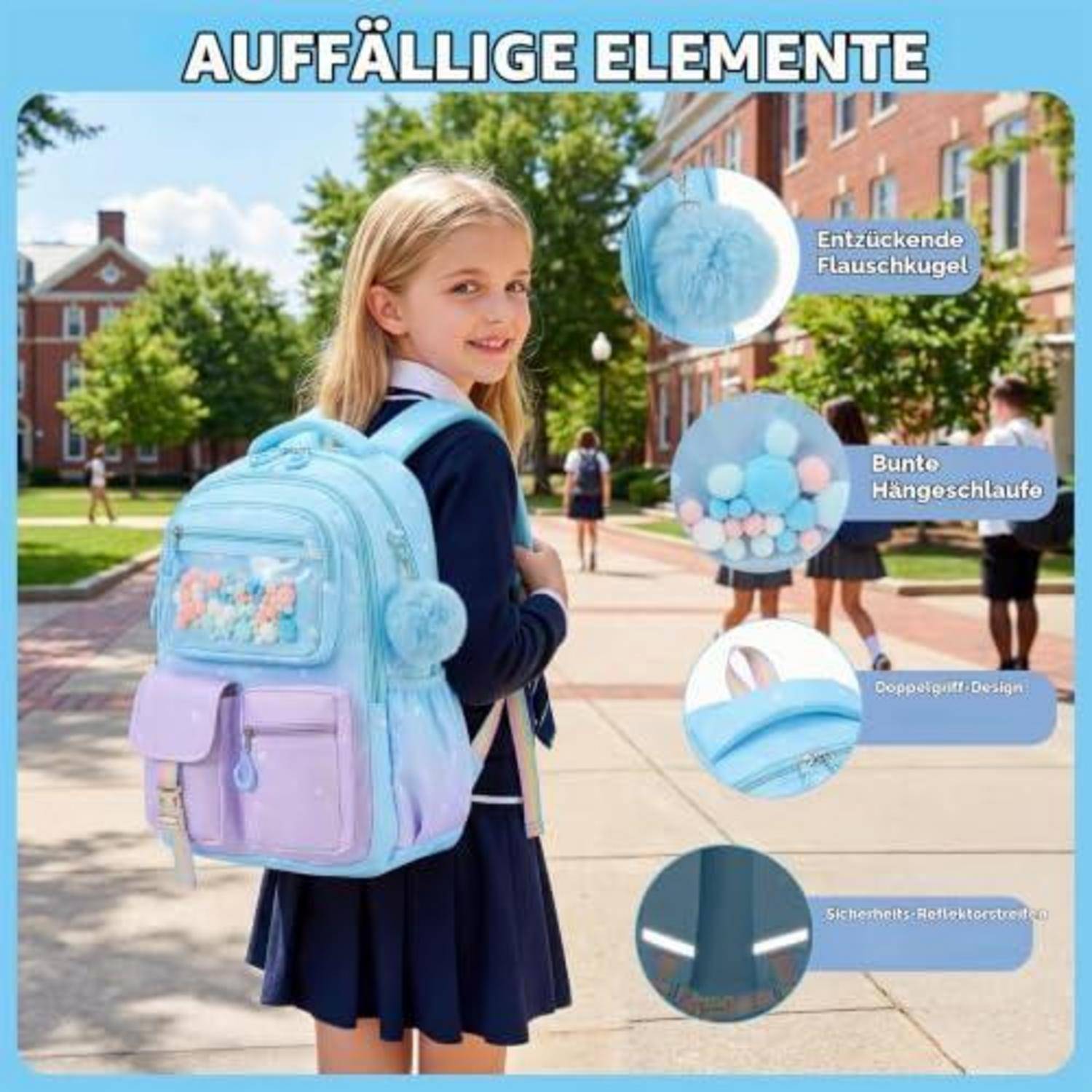 Schulmädchen mit einem hellblauen Rucksack auf dem Campus, mit Beschriftungen, die den flauschigen Pom-Pom-Charm, die bunte hängende Quaste, das doppelte Reißverschluss-Design und die reflektierenden Sicherheitsstreifen hervorheben.