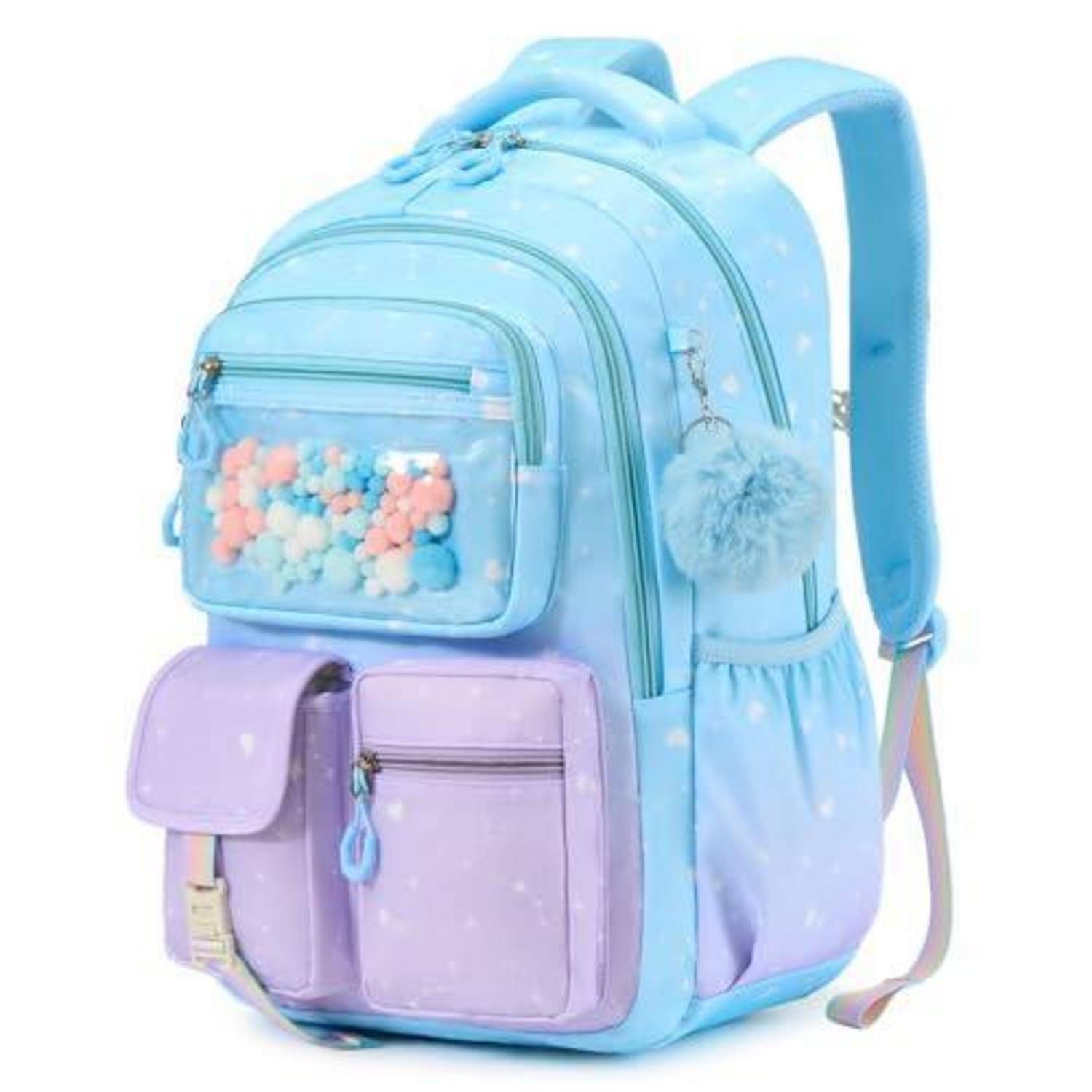 Hellblauer und lavendelfarbener Rucksack mit mehreren Reißverschlusstaschen, einer transparenten Vordertasche mit bunten Perlen und einem flauschigen Pompon-Anhänger.