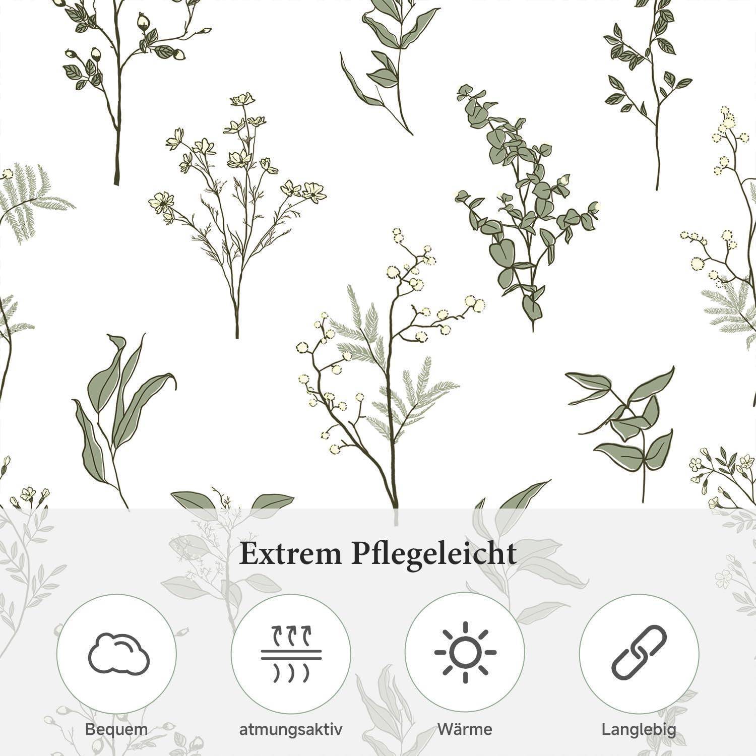 Muster aus zarten botanischen Zweigen mit einem grauen Banner mit der Aufschrift „Extrem Pflegeleicht" und vier Funktionssymbolen: „Bequem"", „atmungsaktiv"", „Wärme"", „Langlebig"".
