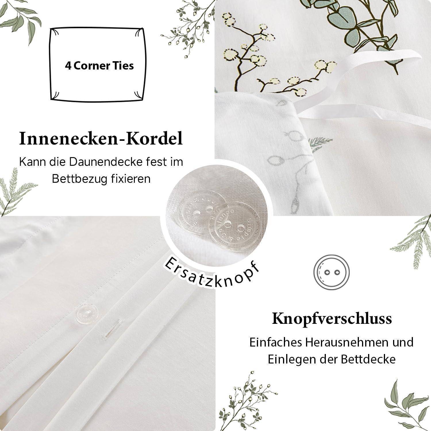 Infografik einer Bettdecke mit 4 Eckbändern, innerer Eckkordel, Ersatzknopf und Knopfverschluss zum einfachen Befestigen und Entfernen der Steppdecke.