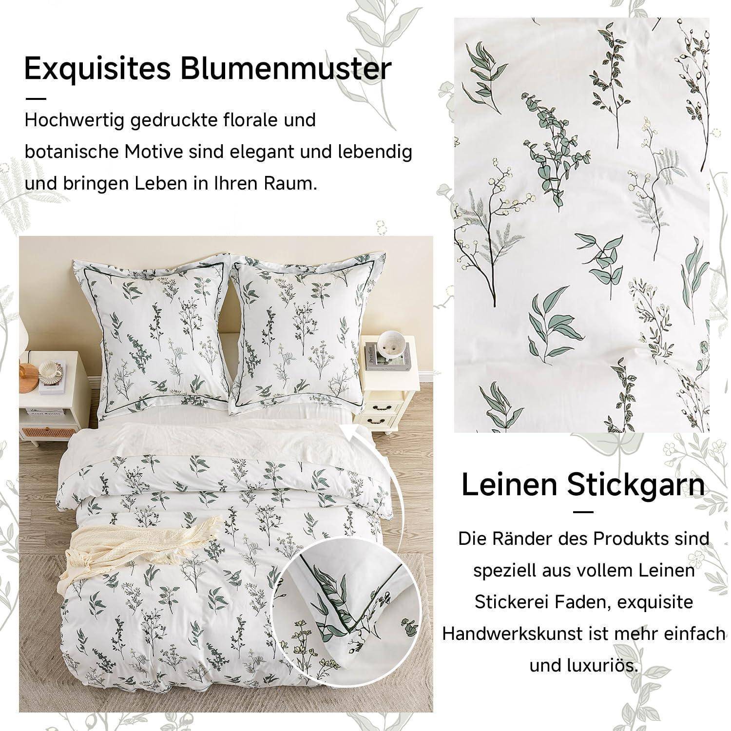 Marketinggrafik für Blumenbettwäsche und bestickte Leinengarne, die ein weißes Bettwäsche-Set mit zartem botanischem Druck und Nahaufnahme des Stoffdetails zeigt.