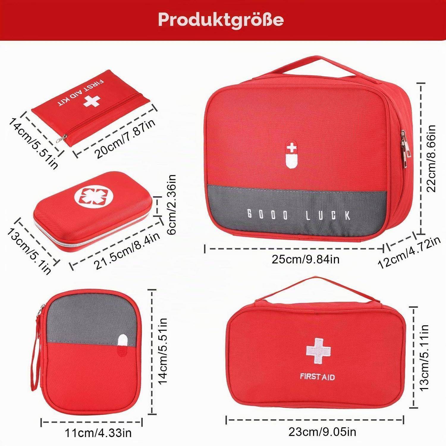 Diagramm mit vier roten Erste-Hilfe-Taschen mit Größenangaben in Zentimetern und Zoll, überschrieben mit „Produktgröße".