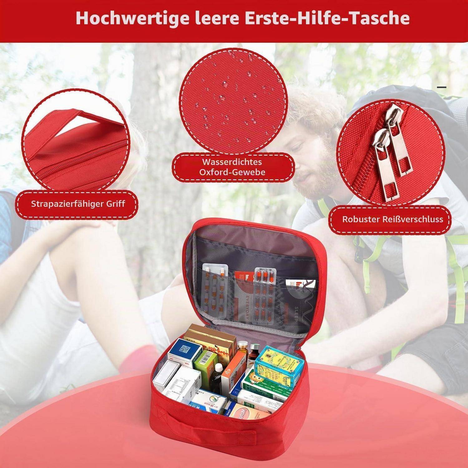 Rote leere Erste-Hilfe-Tasche mit Griff, wasserdichtem Oxford-Stoff und robustem Reißverschluss, geöffnet mit medizinischem Zubehör im Inneren.