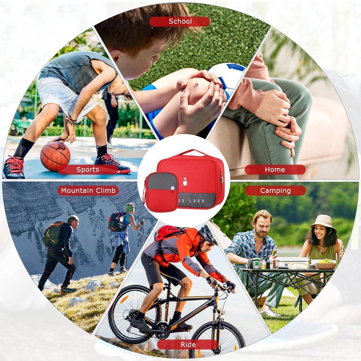 Rundes Infografik eines roten Erste-Hilfe-Rucksacks, der in Schule, Sport, Zuhause, Camping, Bergsteigen und Radfahren verwendet wird.