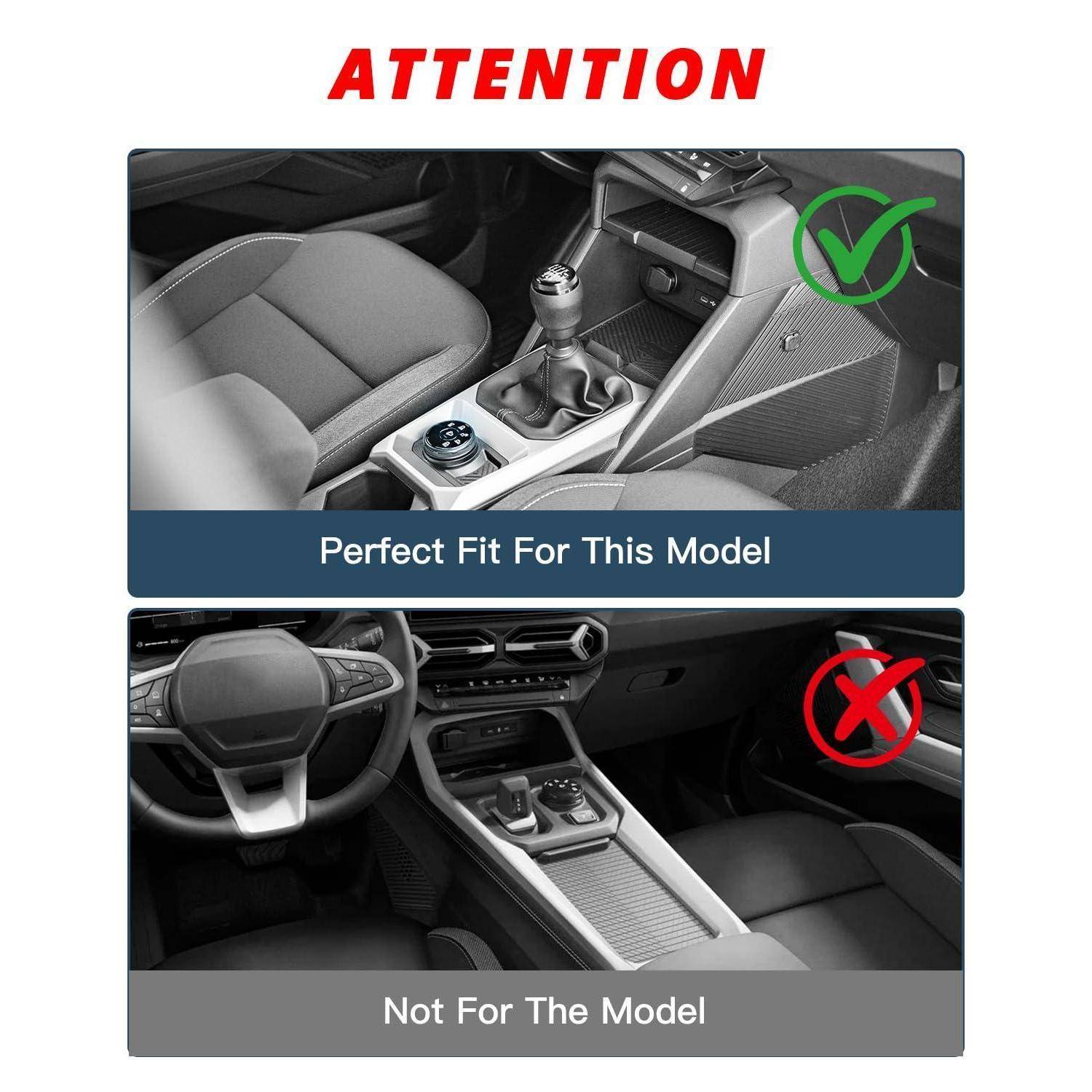 Vergleichsgrafik mit einer Mittelkonsolen-Abdeckung für ein Auto, die ein grünes Häkchen für „Perfekte Passform für dieses Modell" und ein rotes X für „Nicht für das Modell"" zeigt.