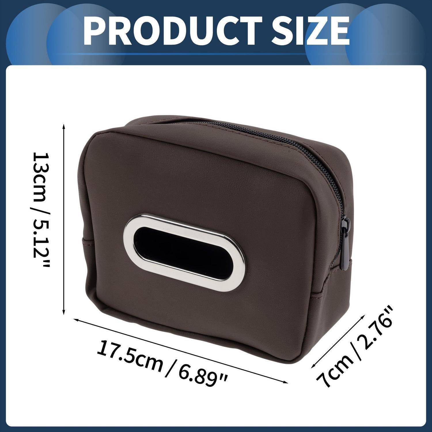 Produktgrößendiagramm einer braunen Kosmetiktasche mit Reißverschluss und ovalförmiger Öffnung: 17,5 cm breit, 13 cm hoch, 7 cm tief.