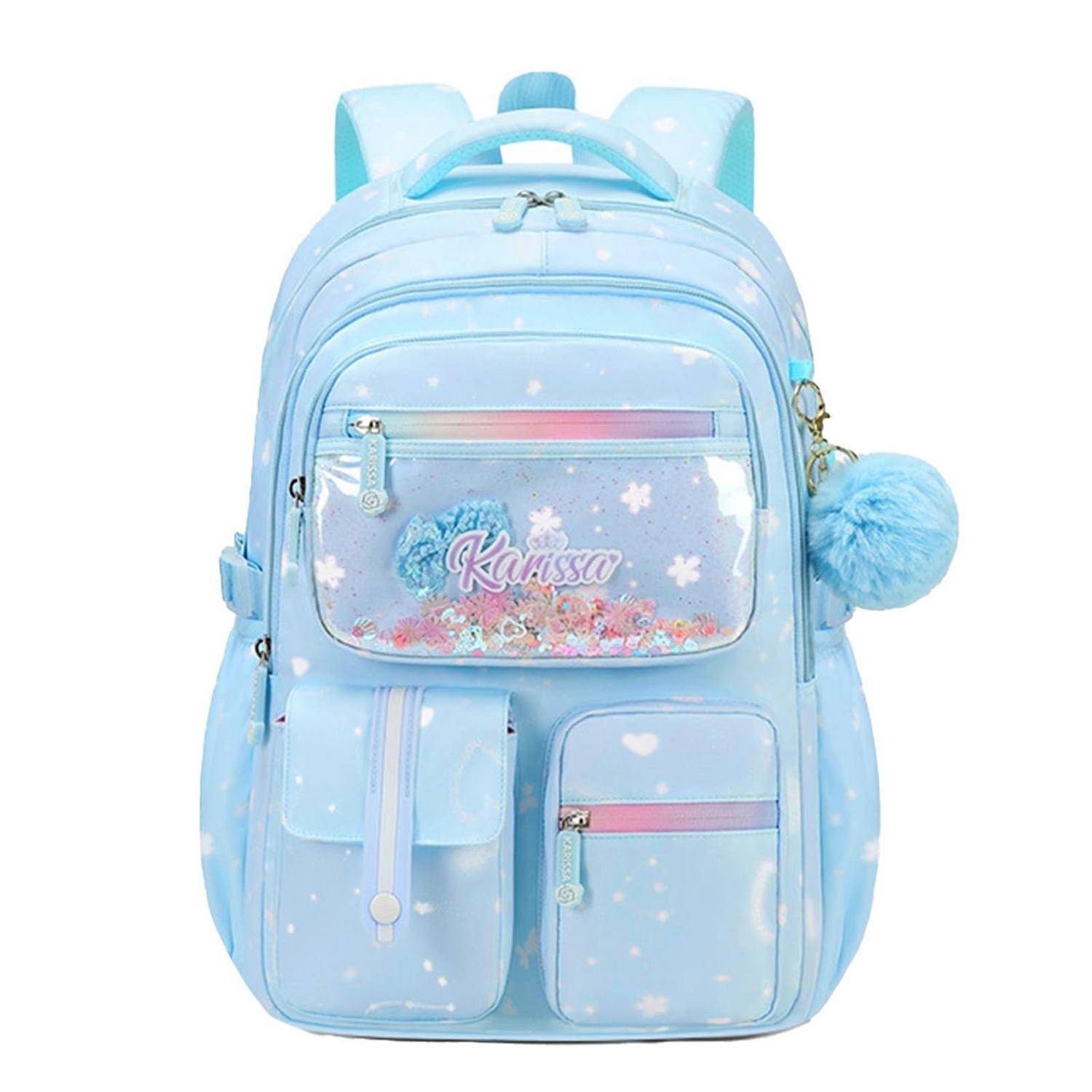 Hellblauer Rucksack mit Sternenmuster, Vordertaschen und flauschigem Pompom-Anhänger; „Karissa