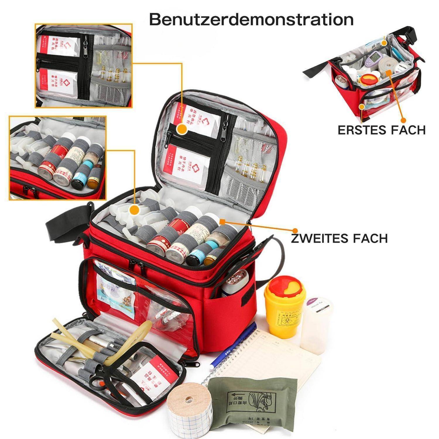 Illustrierte Erste-Hilfe-Tasche-Demonstration, die eine offene rote medizinische Tasche mit zwei beschrifteten Fächern zeigt, gefüllt mit Verbandsmaterialien, Flaschen und Materialien.