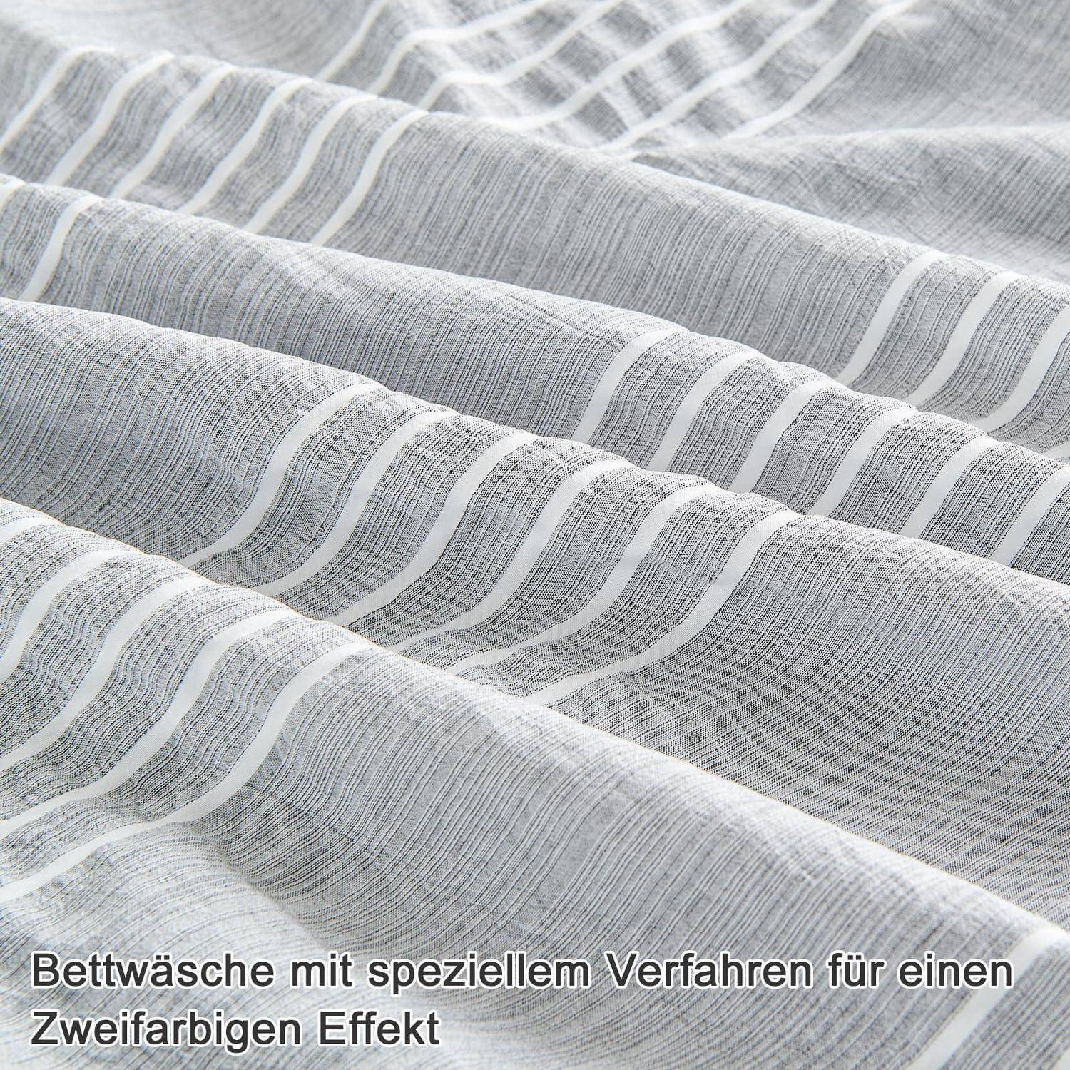 Grau-weiß gestreifter Stoff-Bettwäsche mit Text "Bettwäsche mit speziellem Verfahren für einen Zweifarbigen Effekt"".
