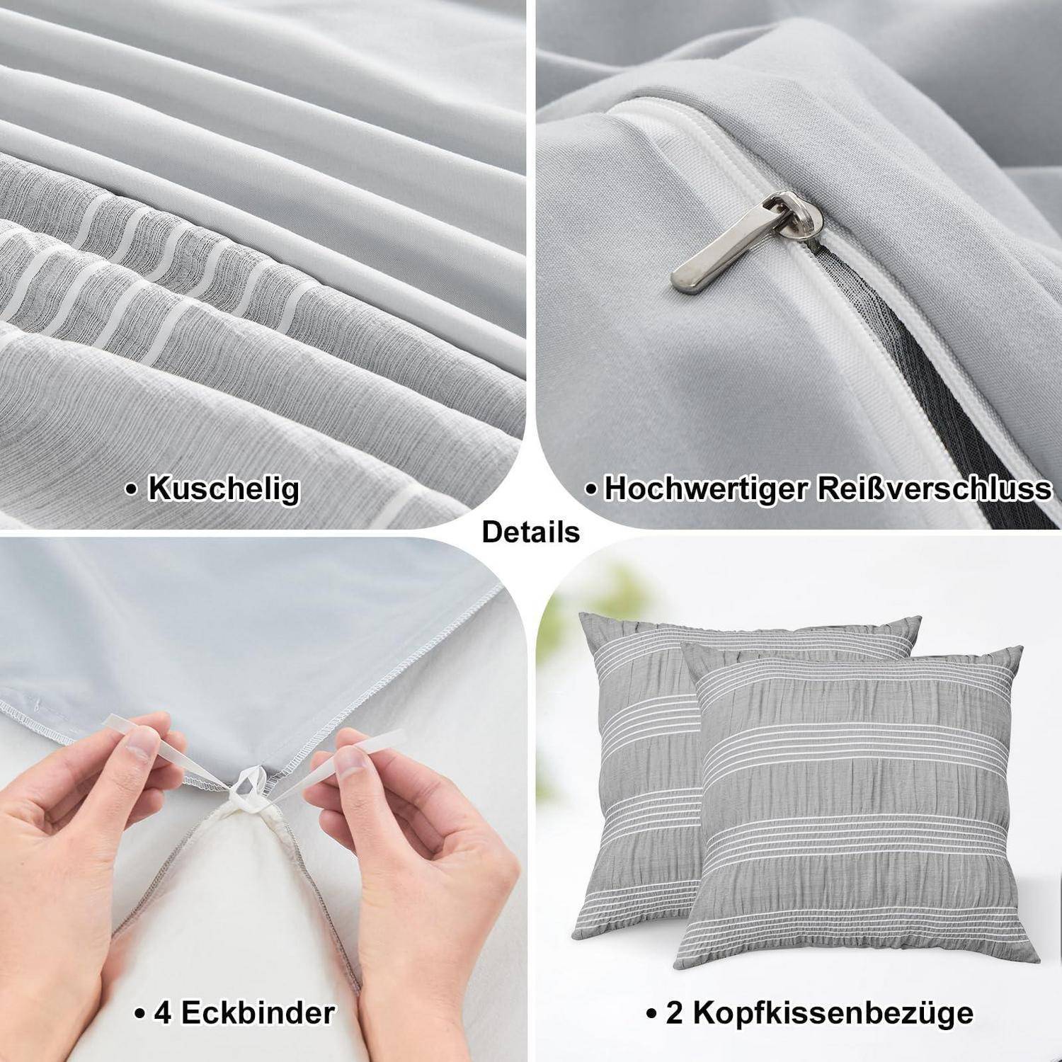 Collage mit grauen Bettdetails: weiches Stoffmaterial, hochwertiger Reißverschluss, vier Eckbänder und zwei gestreifte Kissenbezüge.