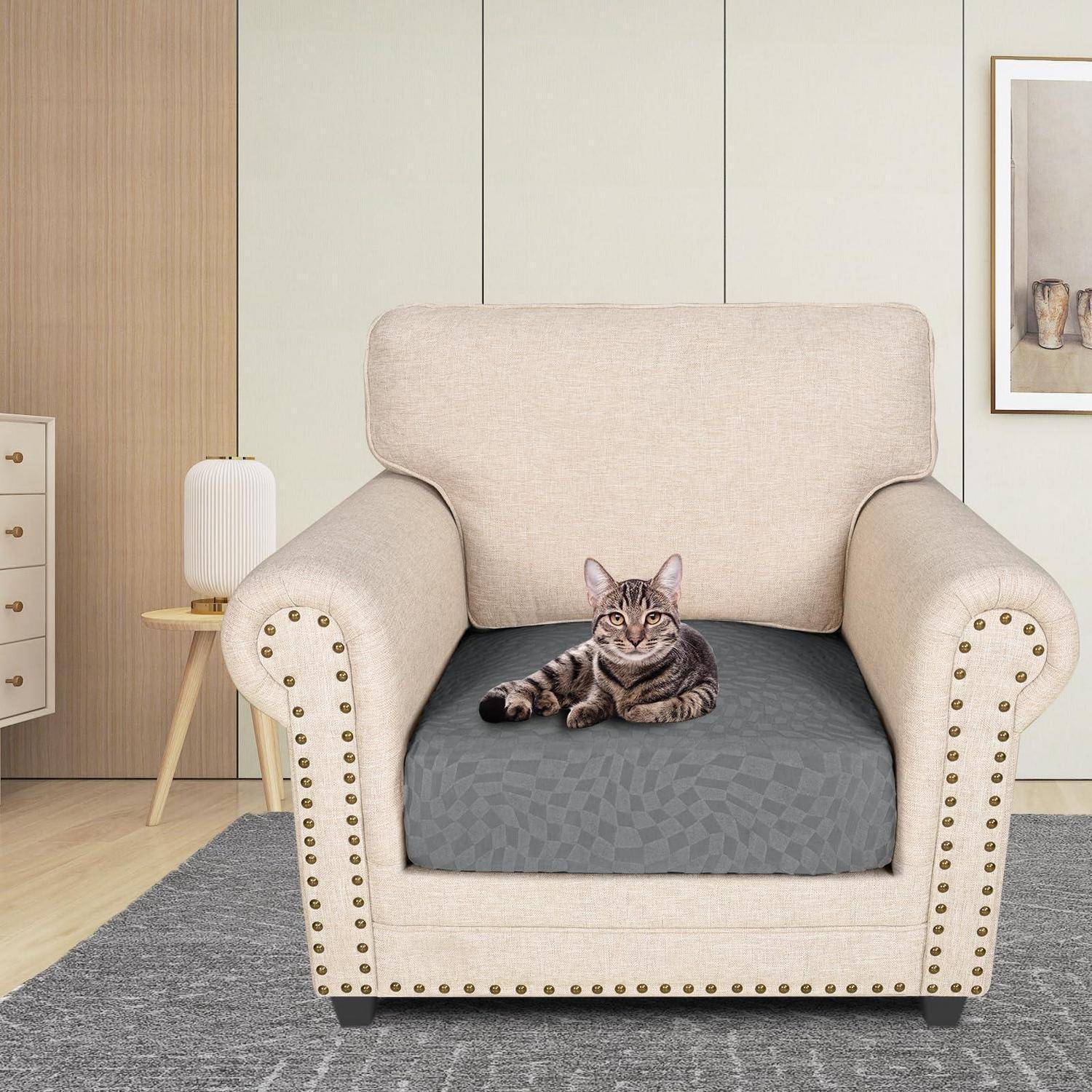 Getigerte Katze, die auf einem grauen Kissen in einem beigen Sessel in einem modernen Wohnzimmer liegt.
