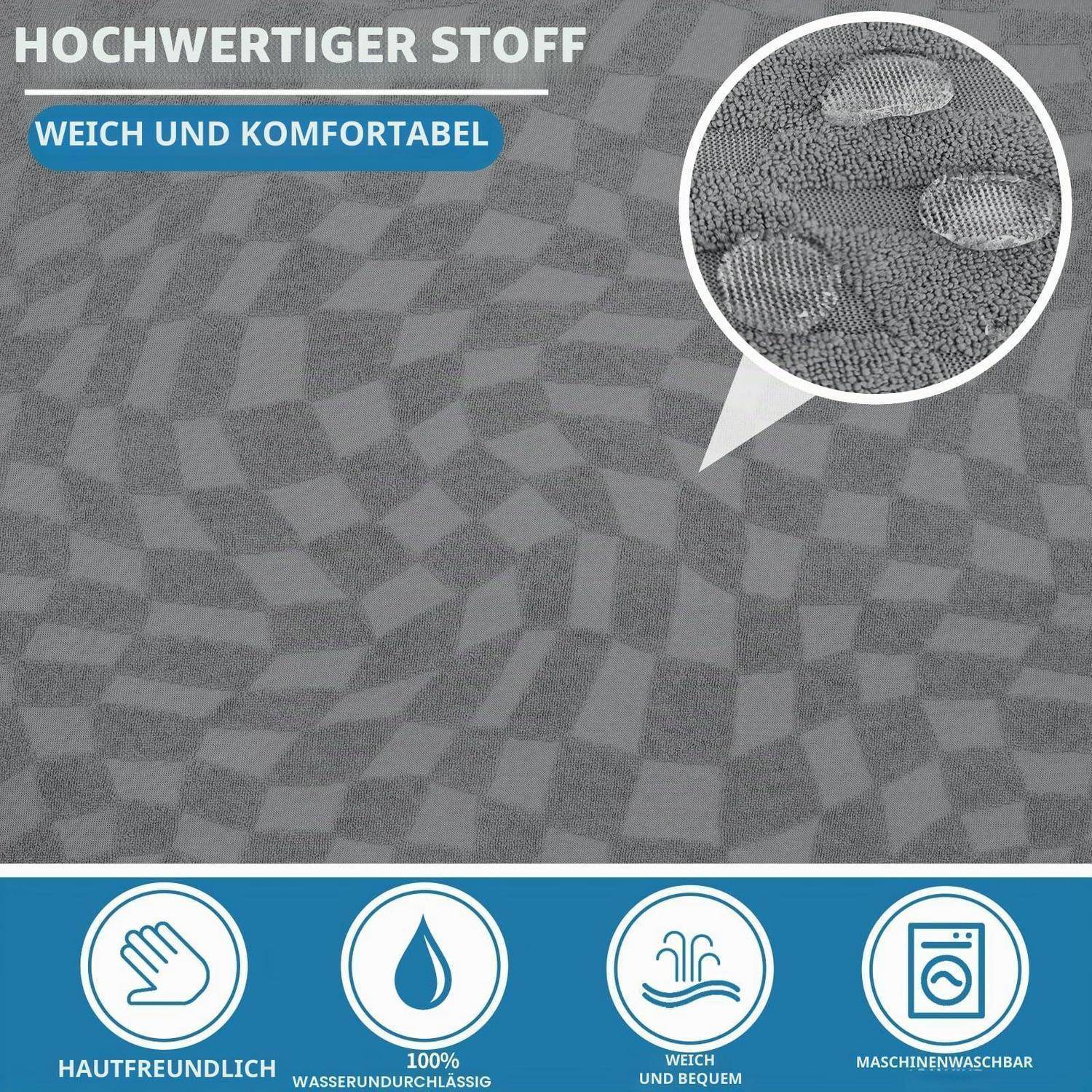 Grau gemusterter Stoff in einer Werbeanzeige mit der Bezeichnung „HOCHWERTIGER STOFF" und „WEICH UND KOMFORTABEL"", mit einer vergrößerten Detailaufnahme; Symbole behaupten hautfreundlich, 100% wasserdicht, weich und maschinenwaschbar.