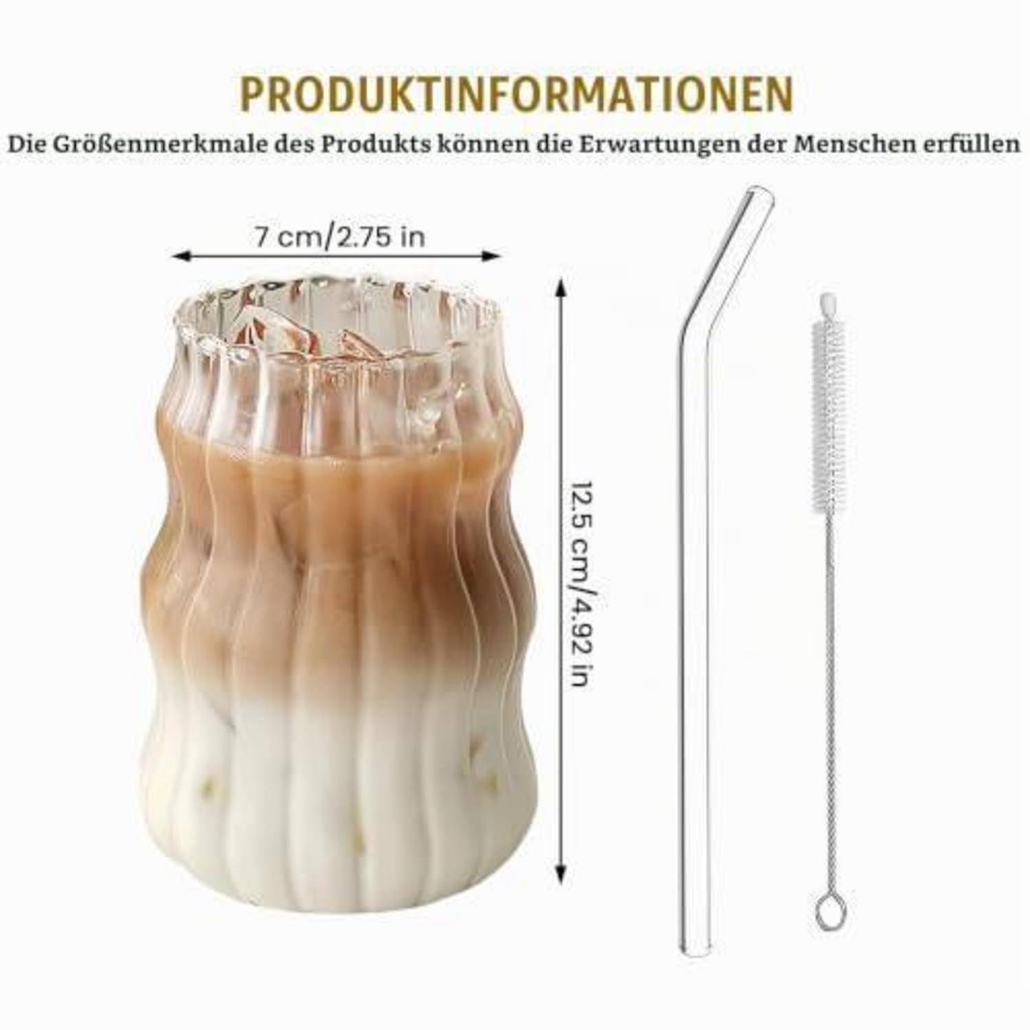 Produktinformationsbild mit einem gewellten Glasbecher, 7 cm breit und 12,5 cm hoch, mit wiederverwendbarem Strohhalm und Reinigungsbürste.