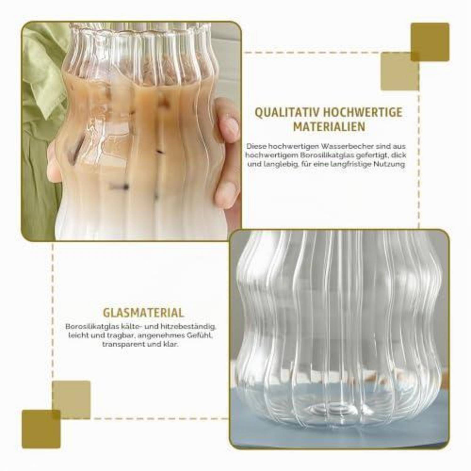 2er Set Gerippte Trinkgläser Borosilikatglas 530ml mit 2 Strohhalmen und Bürsten