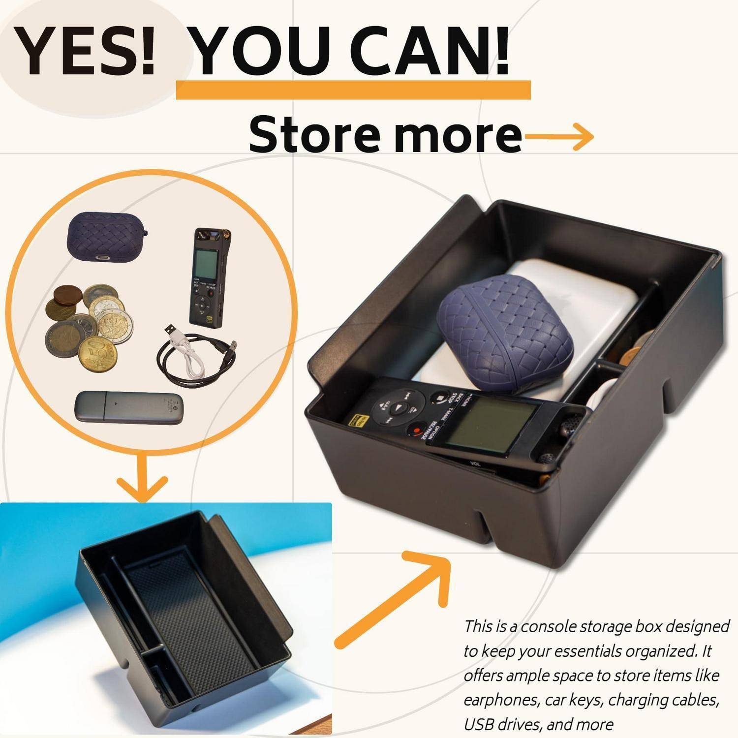 Werbebild einer Konsolenlagerungsbox, die kleine Essentials wie Münzen, Schlüssel, Kabel, Kopfhörer und USB-Sticks in einer Autokonsole organisiert.