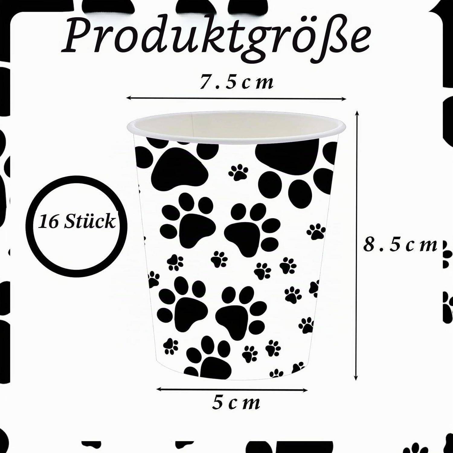 Produktgröße-Grafik für Pfotenabdruck-Papiertassen: 7,5 cm oben, 5 cm unten, 8,5 cm hoch, 16er-Packung.