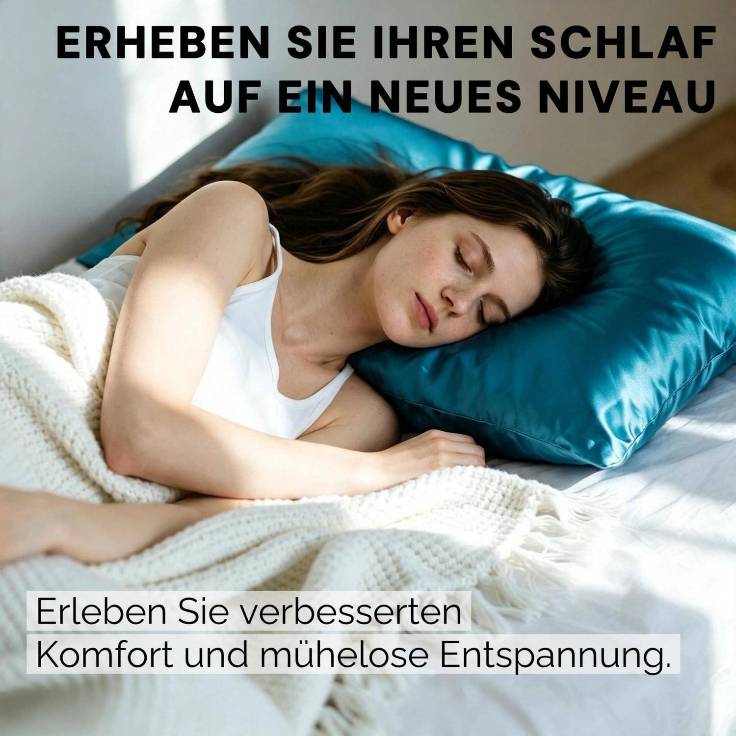 Schlafende Frau auf einem Bett mit blauem Kissen und Decke; deutscher Text sagt „Bringen Sie Ihren Schlaf auf ein neues Niveau" und „Erleben Sie verbesserten Komfort und mühelose Entspannung."