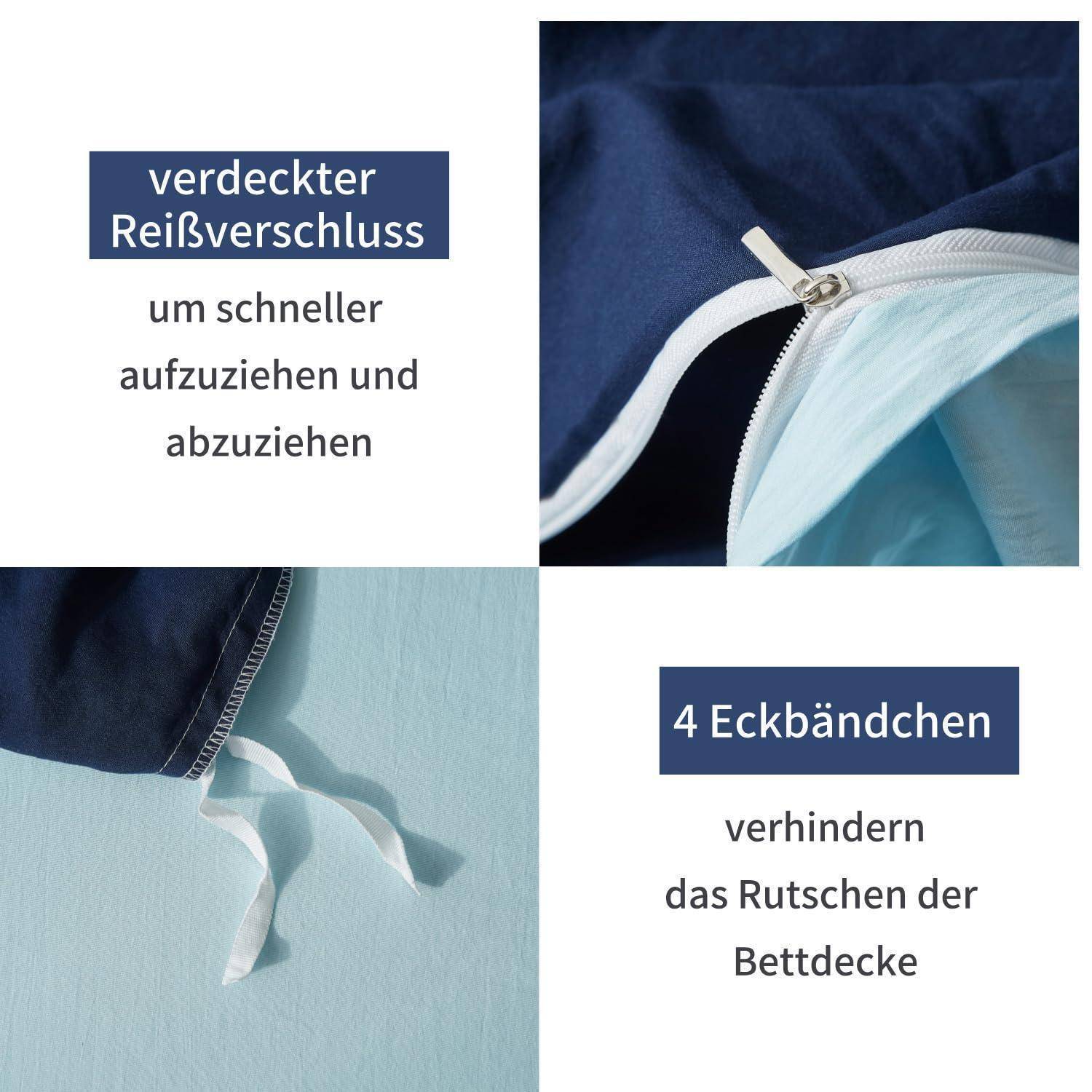 Infographic mit deutschen Beschriftungen, das den versteckten Reißverschluss einer Bettdecke zum leichteren Entfernen und vier Eckbänder zur Verhinderung des Verrutschens der Bettdecke zeigt.