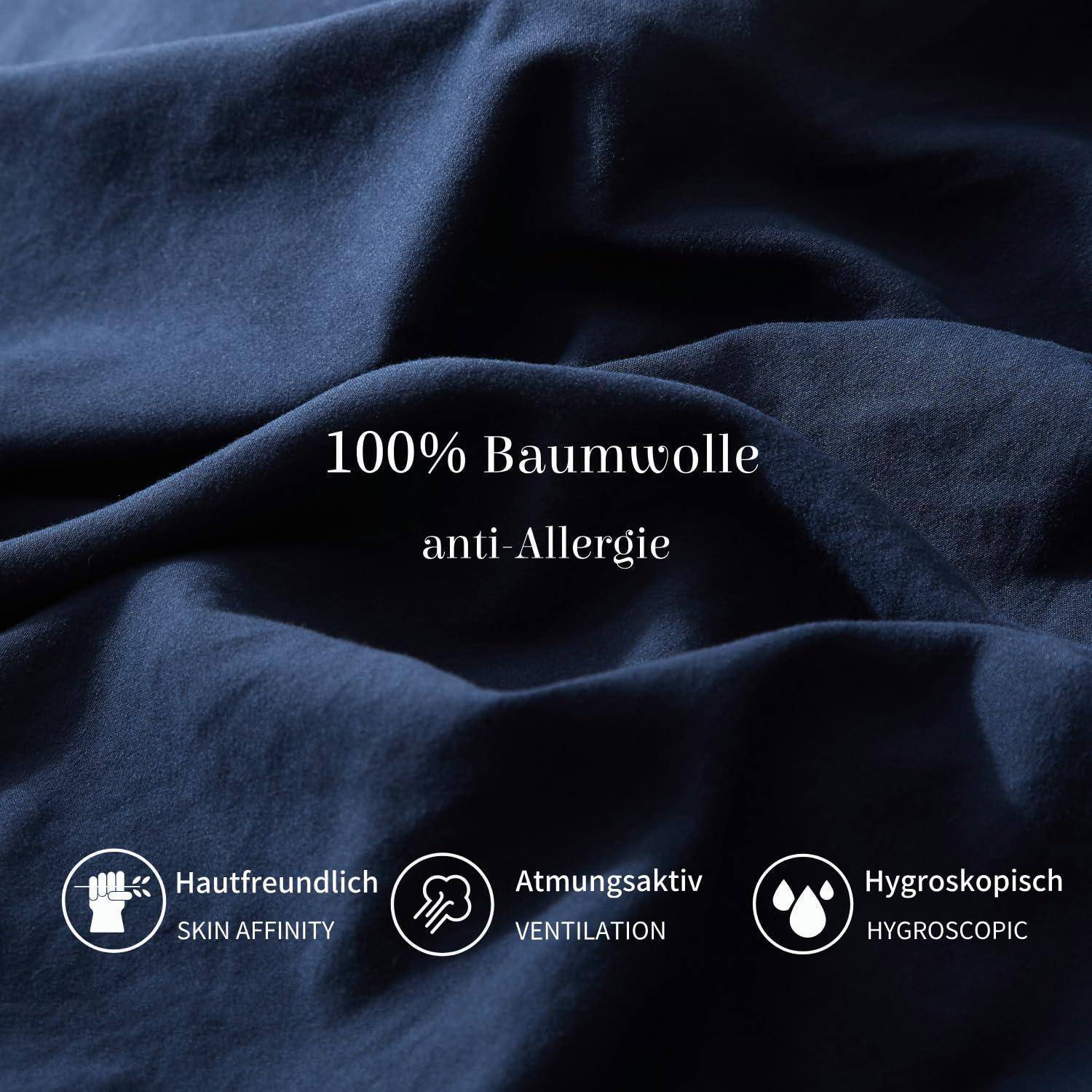 Werbeabbildung für Textilien zeigt dunkelblauen Stoff mit Text „100% Baumwolle