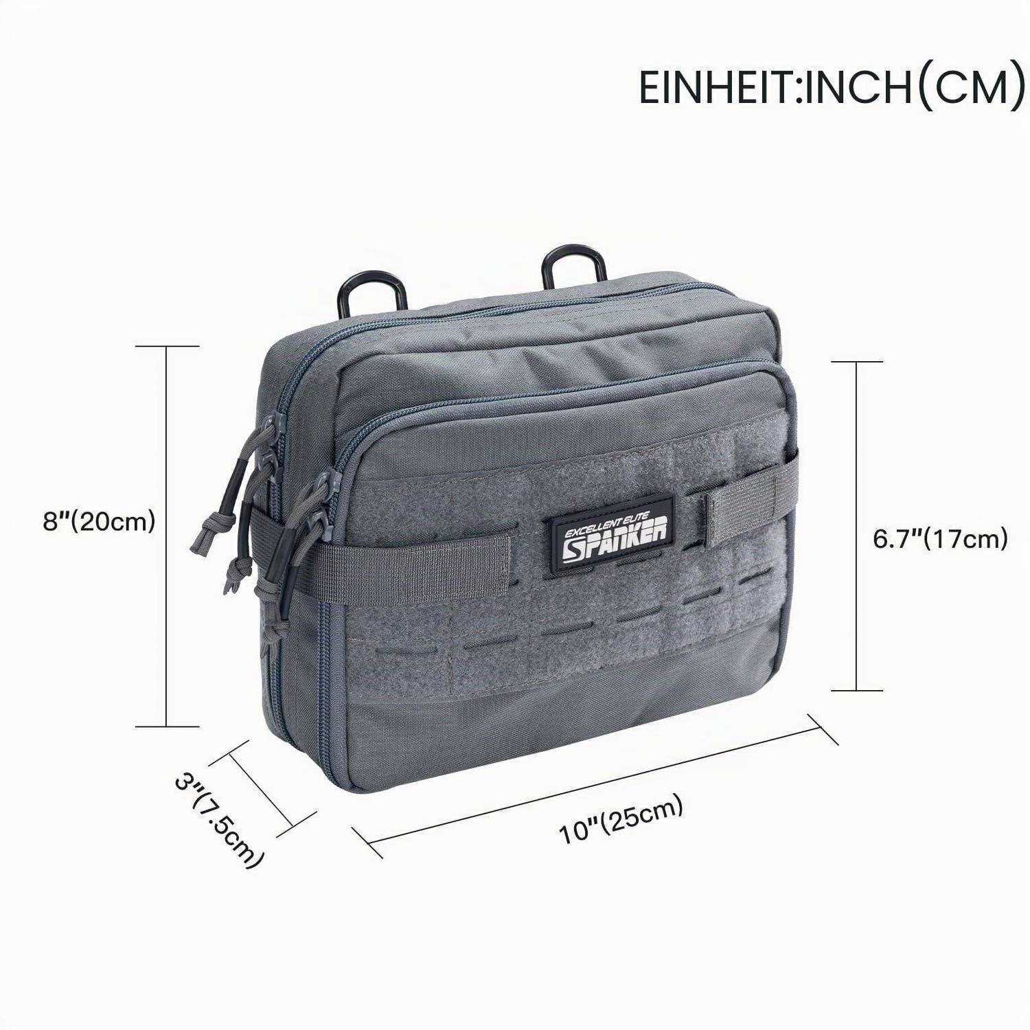 Graue taktische Schulttertasche mit Abmessungen: 10 Zoll (25 cm) breit, 8 Zoll (20 cm) hoch, 3 Zoll (7,5 cm) tief und 6,7 Zoll (17 cm) an der Seite.