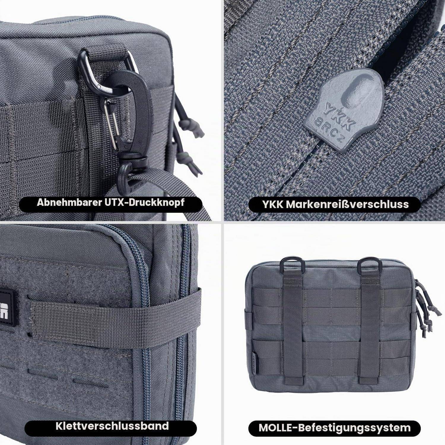 Vierteiliges Produktdetail eines grauen Taktiktaschenrucksacks, das einen abnehmbaren UTX-Druckknopf, einen YKK-Reißverschluss, einen Klettverschluss und ein MOLLE-Befestigungssystem zeigt.