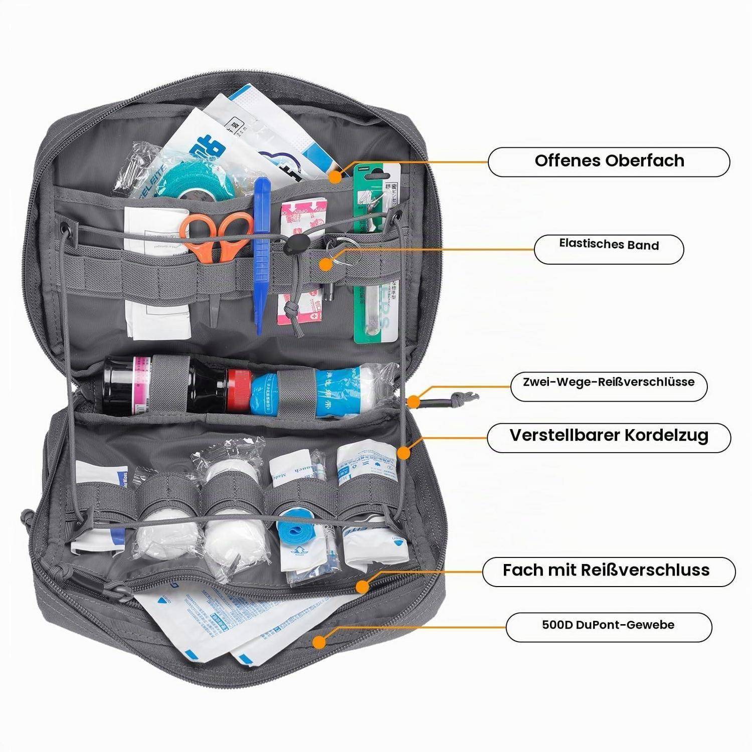 Offener Toilettenartikel-Organizer-Rucksack mit mehreren Reißverschlussfächern, Gummiband, verstellbarer Zugschnur und 500D DuPont-Gewebe, mit Reiseartikeln gefüllt.