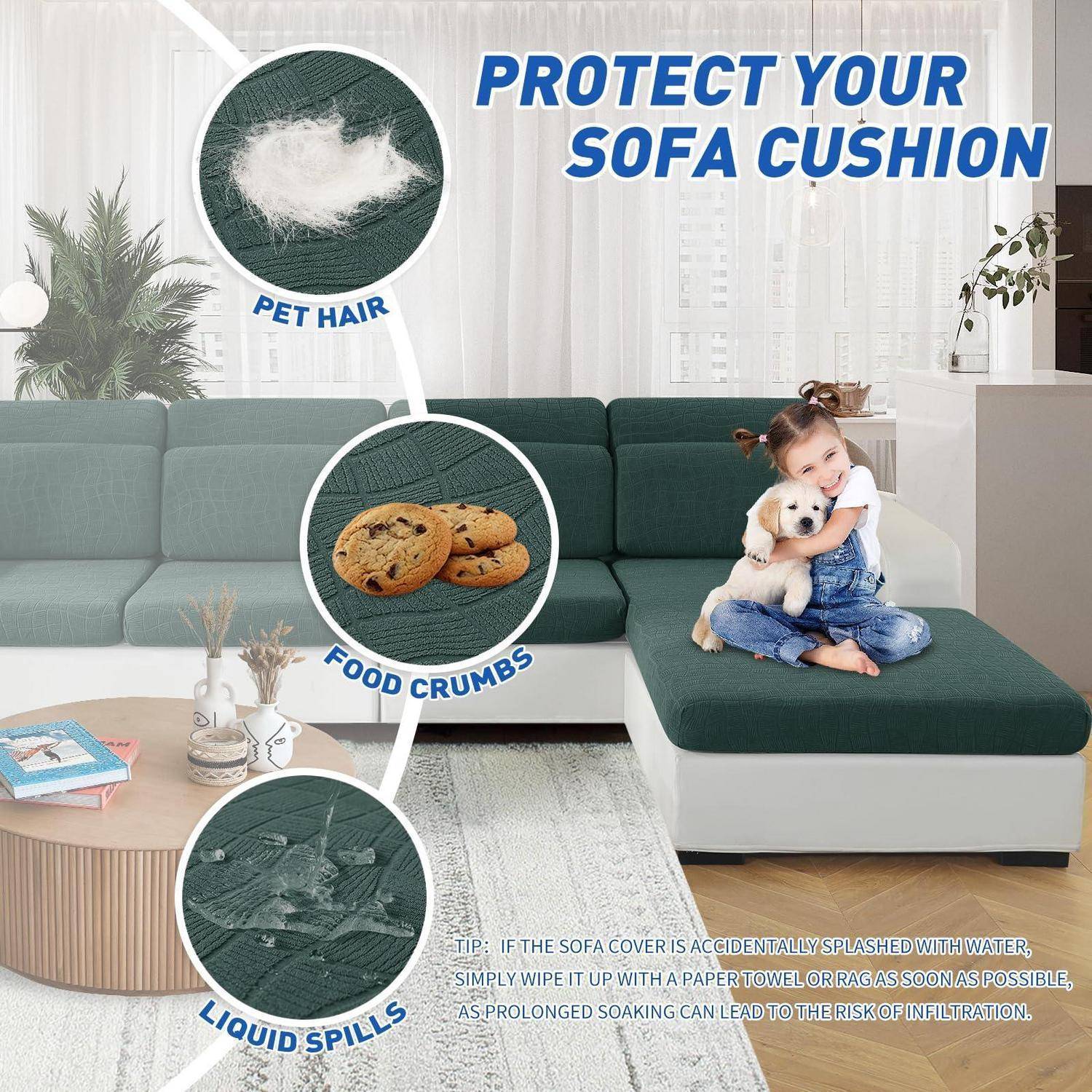 Anzeigenbild für einen Sofabezug: Ein Kind umarmt einen Hund auf einem grünen Ecksofa, mit Beschriftungen, die Schutz vor Tierhaaren, Essenskrümeln und Flüssigkeitsverschüttungen zeigen.