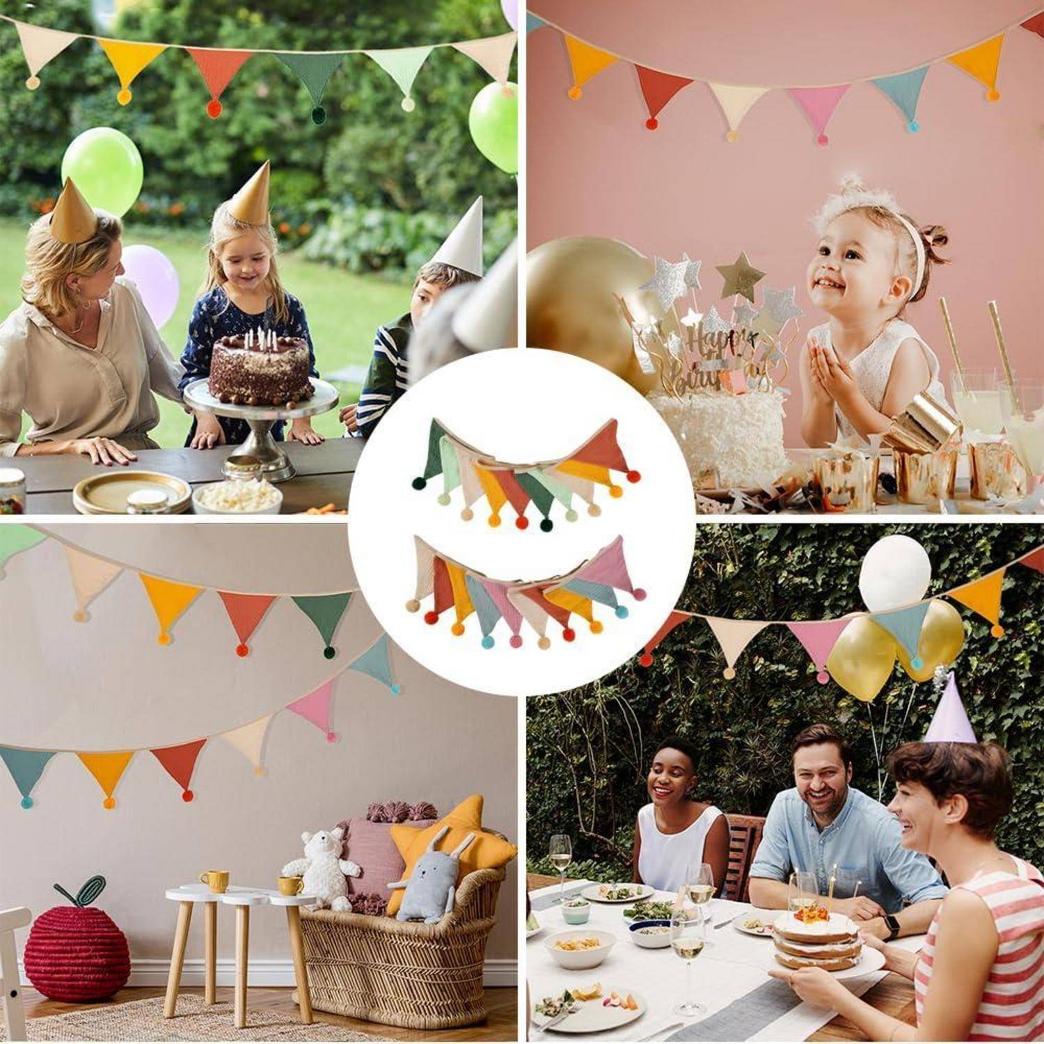 Collage von Partydekoideen mit farbenfrohen Wimpelketten und Geburtstagsszenen mit Kindern und Erwachsenen, die an Tischen drinnen und draußen feiern.