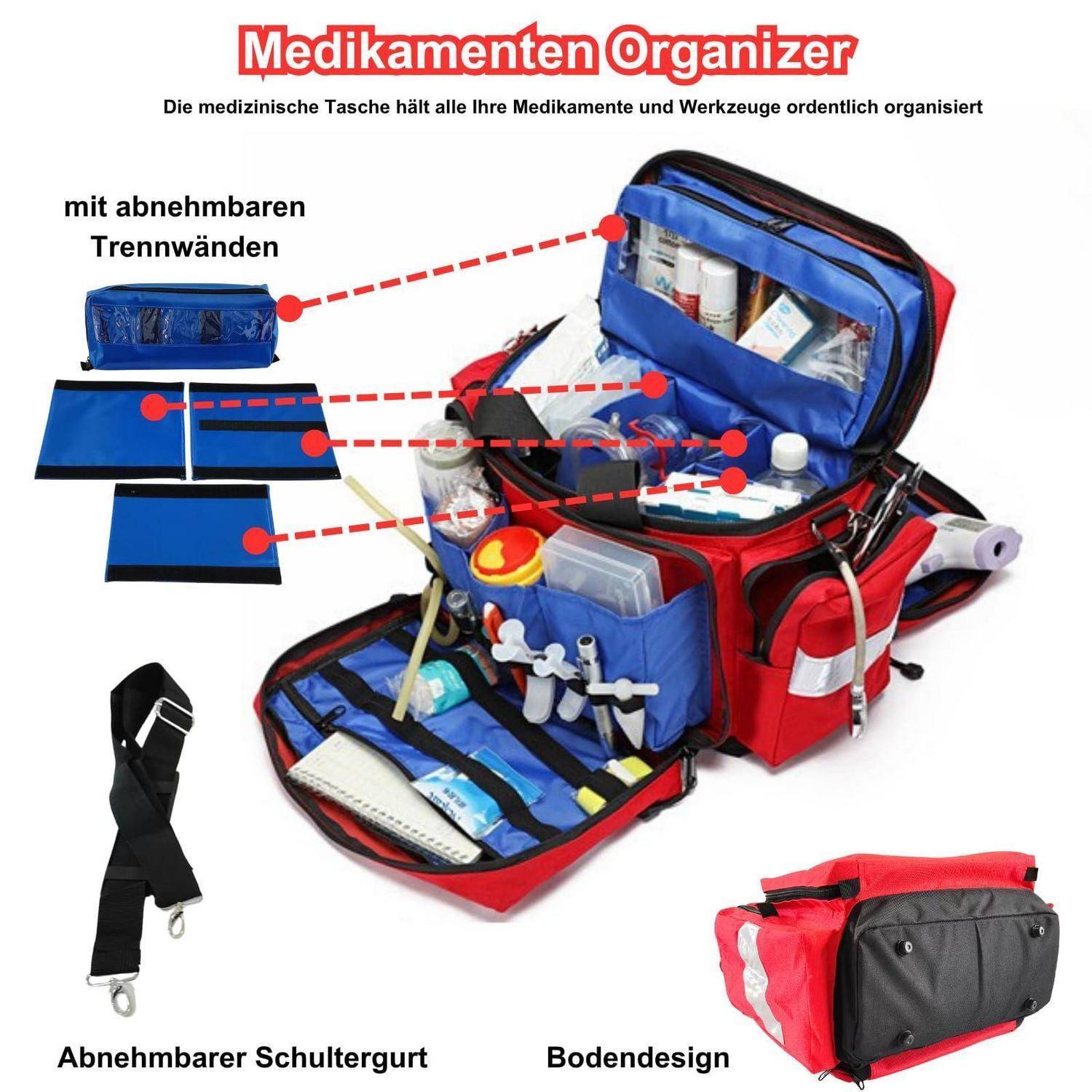 Medikamenten-Organizer Reisemedizin-Tasche mit abnehmbaren Trennwänden, Schultergurt und Basisdesign, geöffnet mit organisierten Fächern und Vorräten.