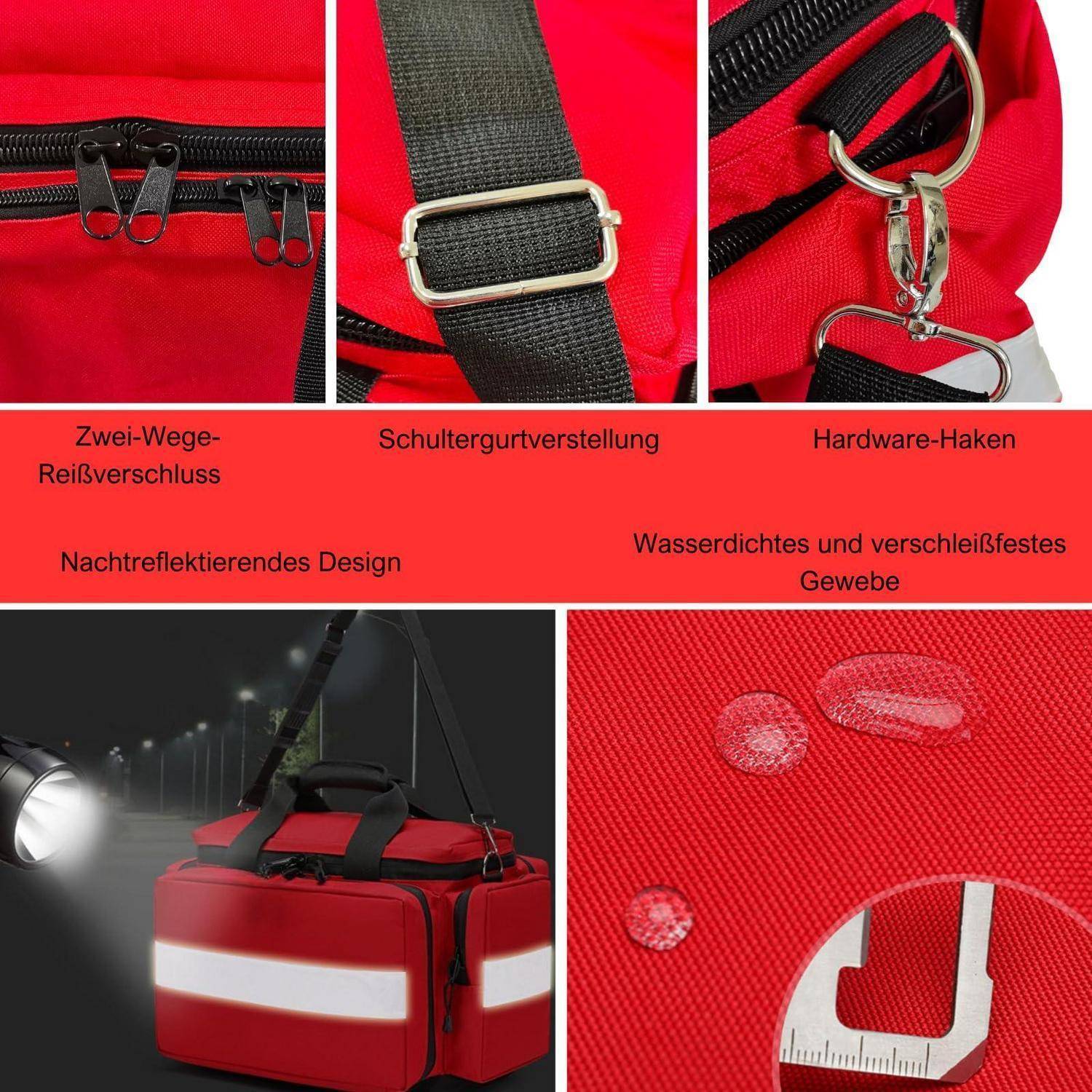 Rote wasserdichte Tasche mit reflektierendem Streifen, zweirichtungs-Reißverschluss, verstellbarem Schultergurt und Hakenbeschlag, gezeigt mit wasserabweisendem Stoff und Nachtsichtbarkeitsfunktionen.