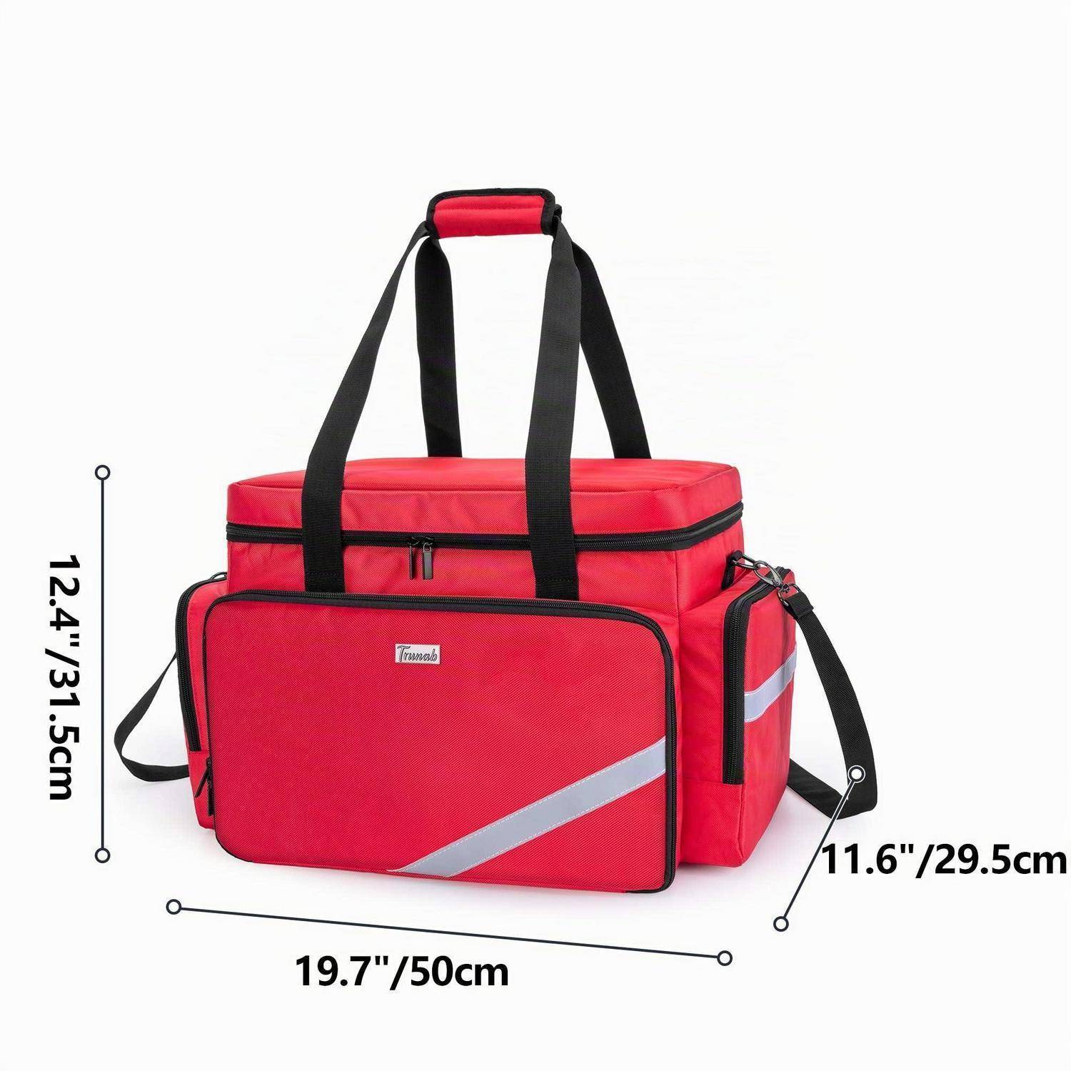Rote isolierte Tragetasche-Kühlbox mit schwarzen Griffen und Schultergurt, mit den Abmessungen 19,7 x 12,4 x 11,6 Zoll dargestellt.
