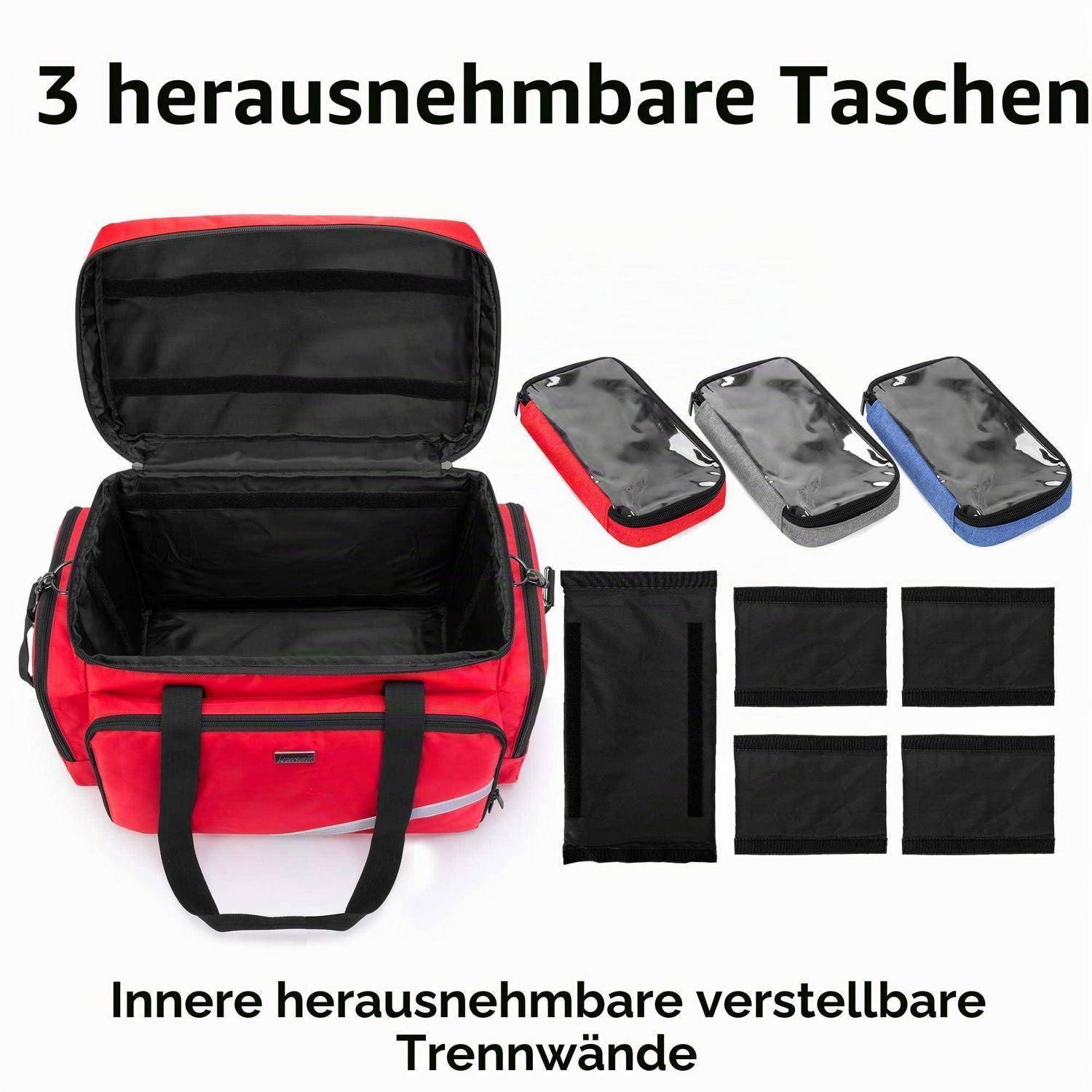 Rote Reisetasche mit offener Hauptkammer, drei abnehmbare Reißverschlussbeutel und verstellbare interne Trennwände; deutscher Text hebt abnehmbare Taschen und Trennwände hervor.
