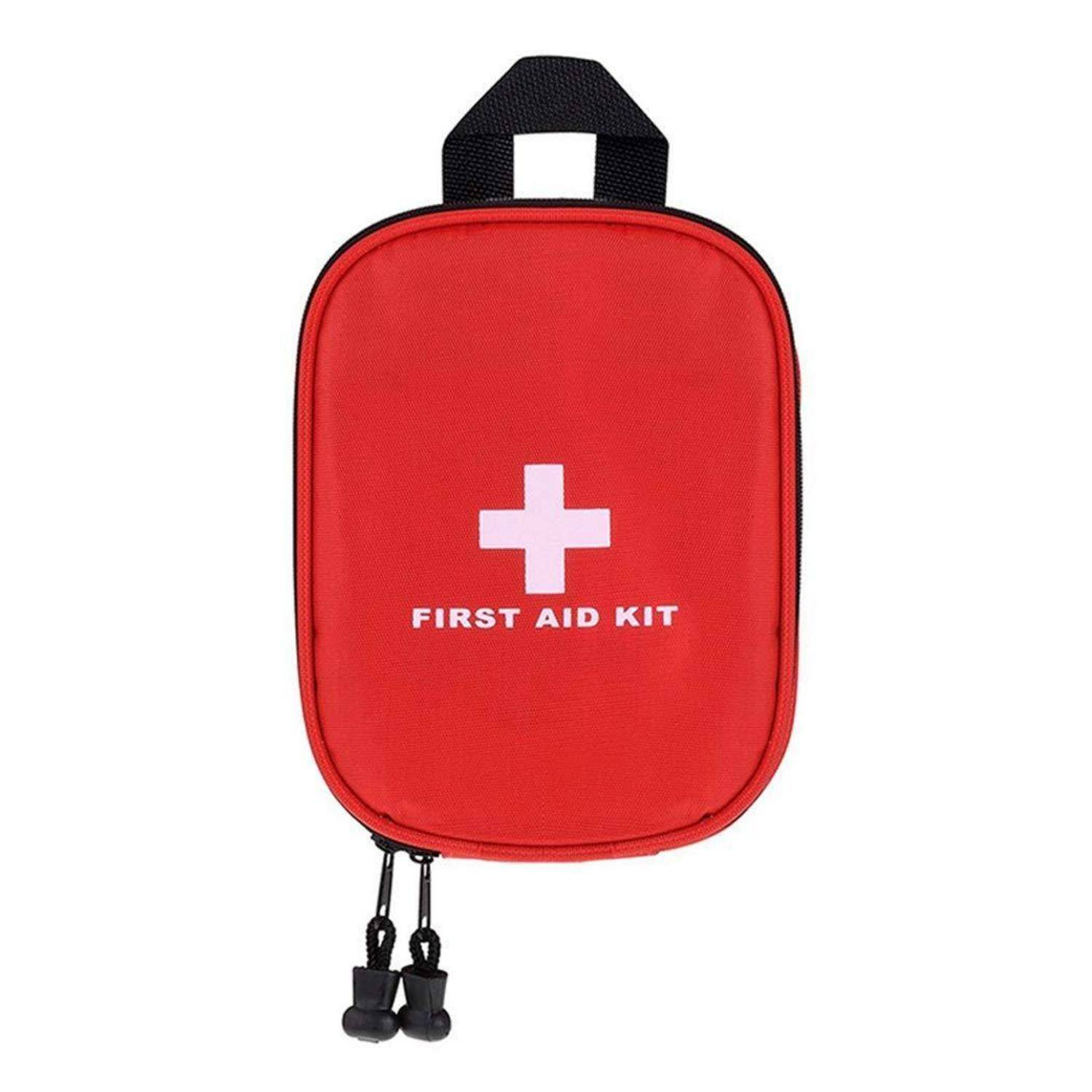 Rote Erste-Hilfe-Tasche mit weißem Kreuz und der Aufschrift „FIRST AID KIT