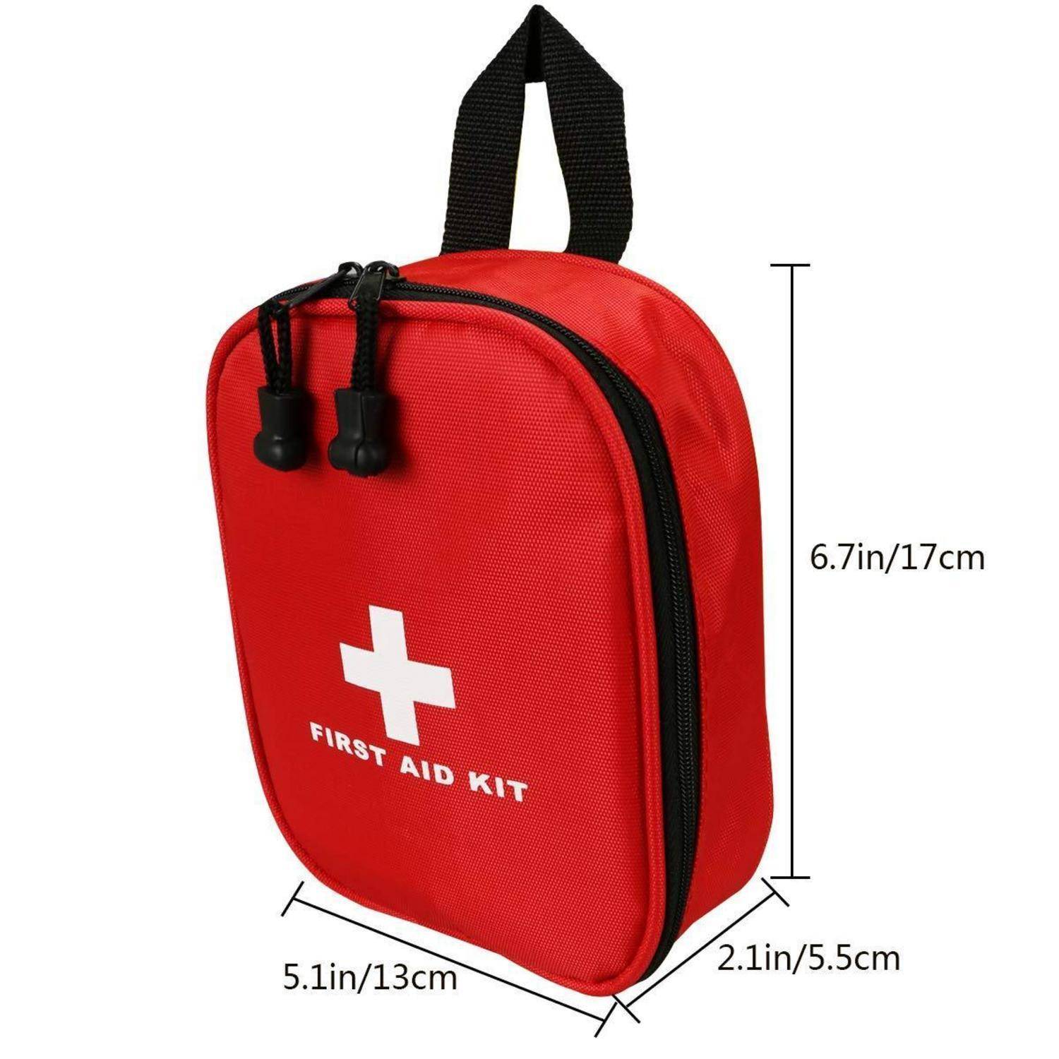 Rote Erste-Hilfe-Tasche mit schwarzem Griff und Reißverschluss, mit der Aufschrift „FIRST AID KIT", mit den Abmessungen 6,7 x 5,1 x 2,1 Zoll (17 x 13 x 5,5 cm).