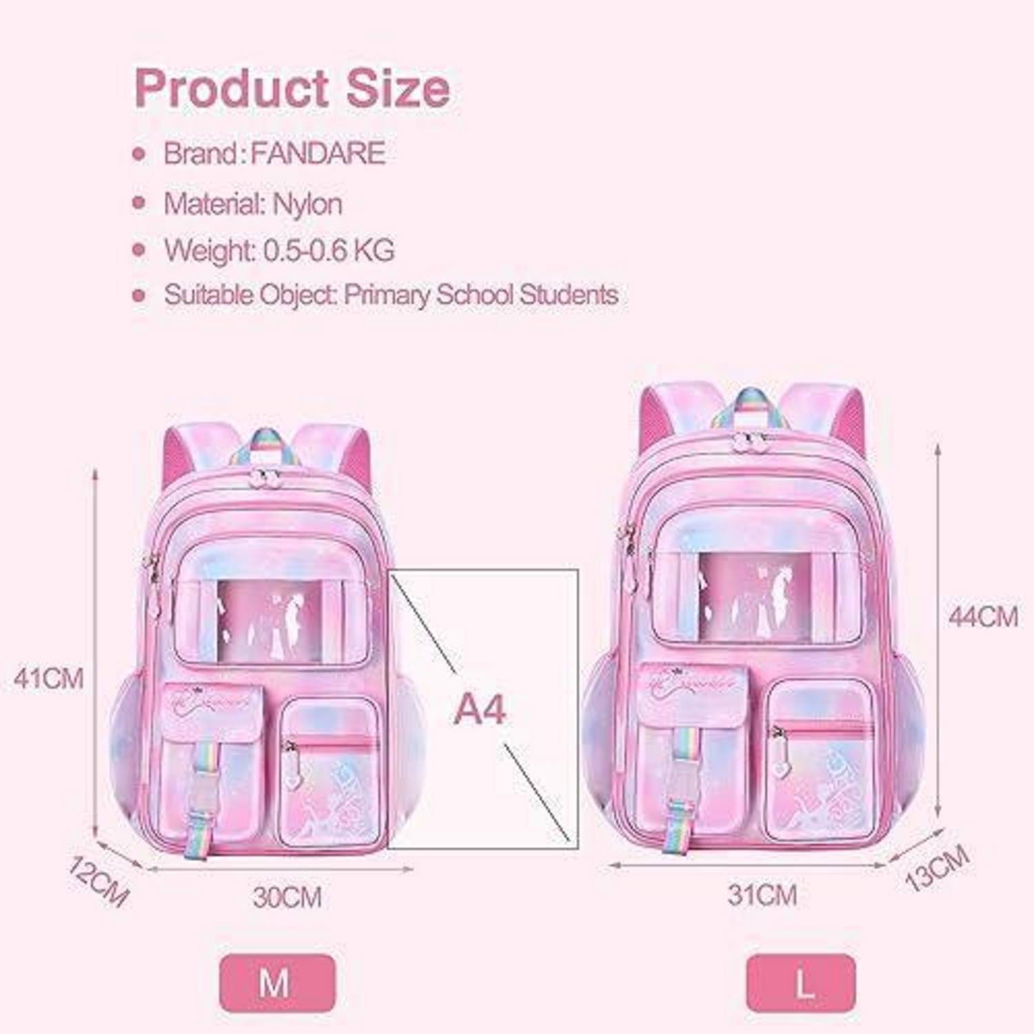 Produktgrößentabelle für einen rosa FANDARE-Schulrucksack, zeigt M- und L-Größen, Abmessungen, A4-Passform, Nylonmaterial, 0,5-0,6 kg, für Grundschüler.