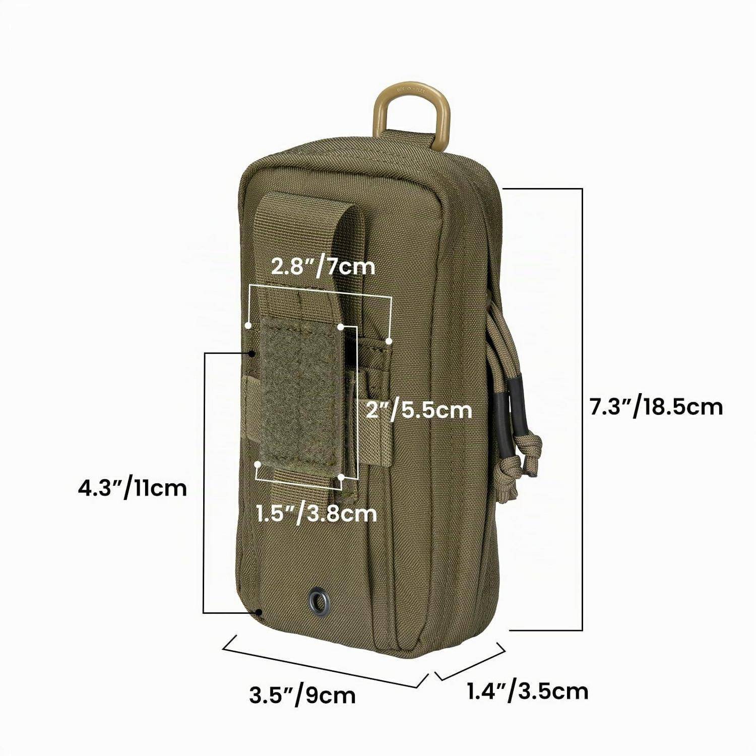 Olivgrüne taktische Tasche mit Griff und Riemen, gezeigt mit Größenangaben: 7,3 x 3,5 x 1,4 Zoll Gesamtgröße und Abmessungen der Vorderseite.