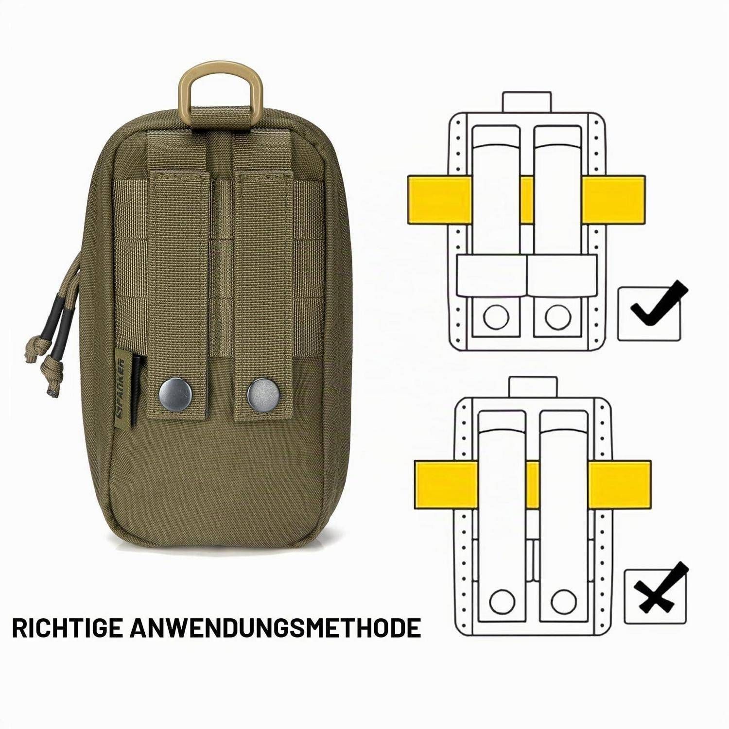 Olivfarbene taktische Tasche, daneben abgebildet mit Diagrammen, die die korrekte Befestigungsmethode zeigen, wobei das obere Diagramm als korrekt gekennzeichnet ist und das untere als falsch gekennzeichnet ist.