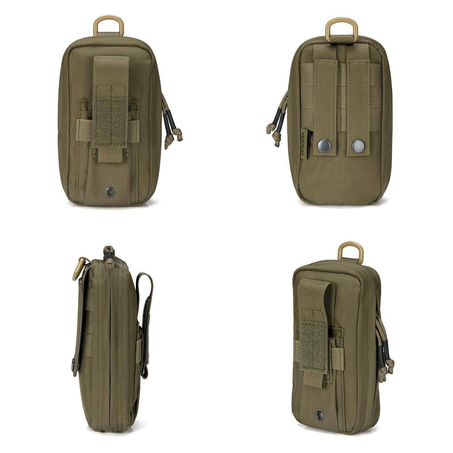 Vier Ansichten einer olivgrünen taktischen Tasche mit Reißverschluss, einer Schlaufe oben, einem MOLLE-artigen Riemen an der Vorderseite und einem seitlichen Kordel, gezeigt vor einem weißen Hintergrund.