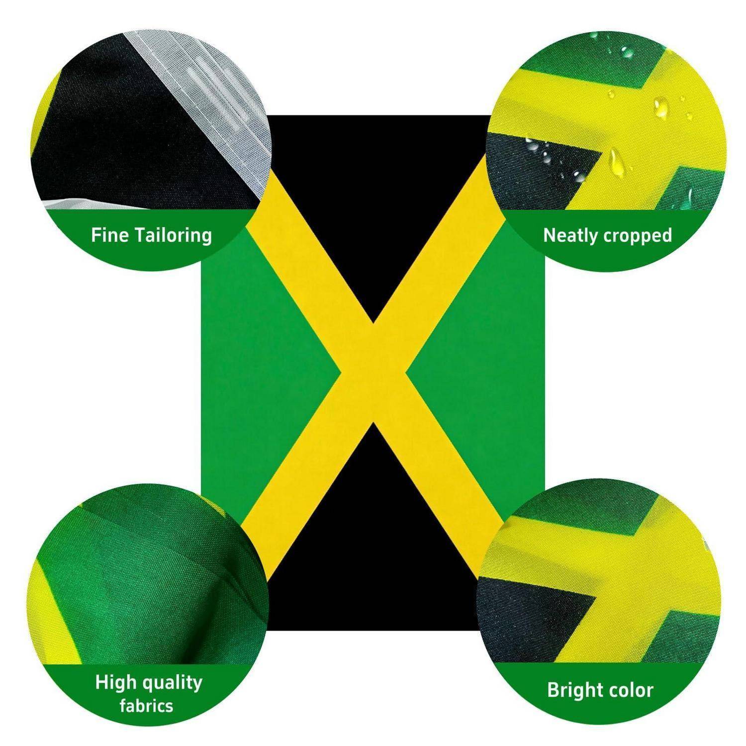 Jamaikanische Flagge mit vier eingesetzten Nahaufnahmen, die feine Verarbeitung, sauber geschnittene Kanten, hochwertige Stoffe und leuchtende Farben hervorheben.