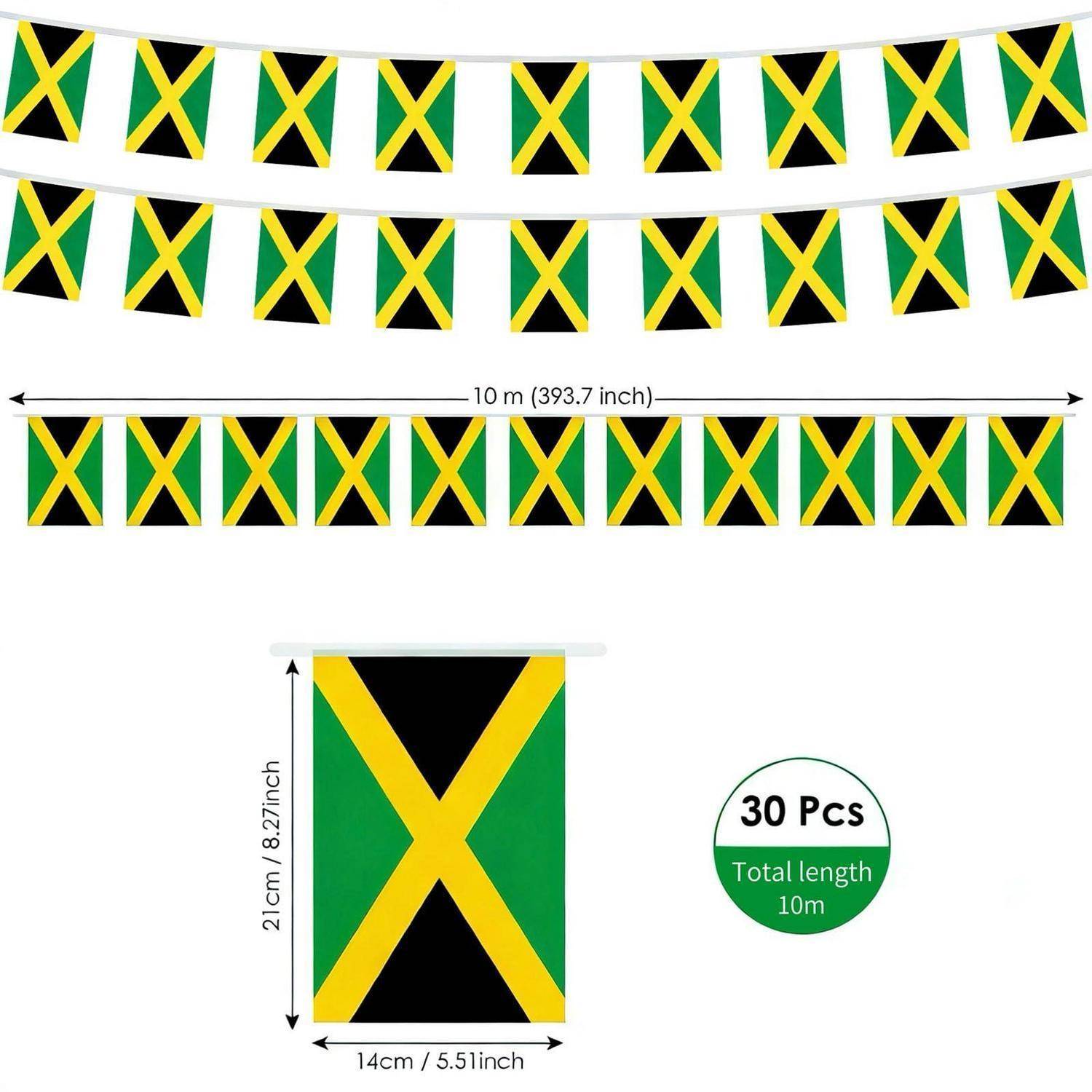 Produktbild von jamaikanischen Flaggenketten: 30 kleine Flaggen, Gesamtlänge 10 m, jede Flagge 21 cm x 14 cm.