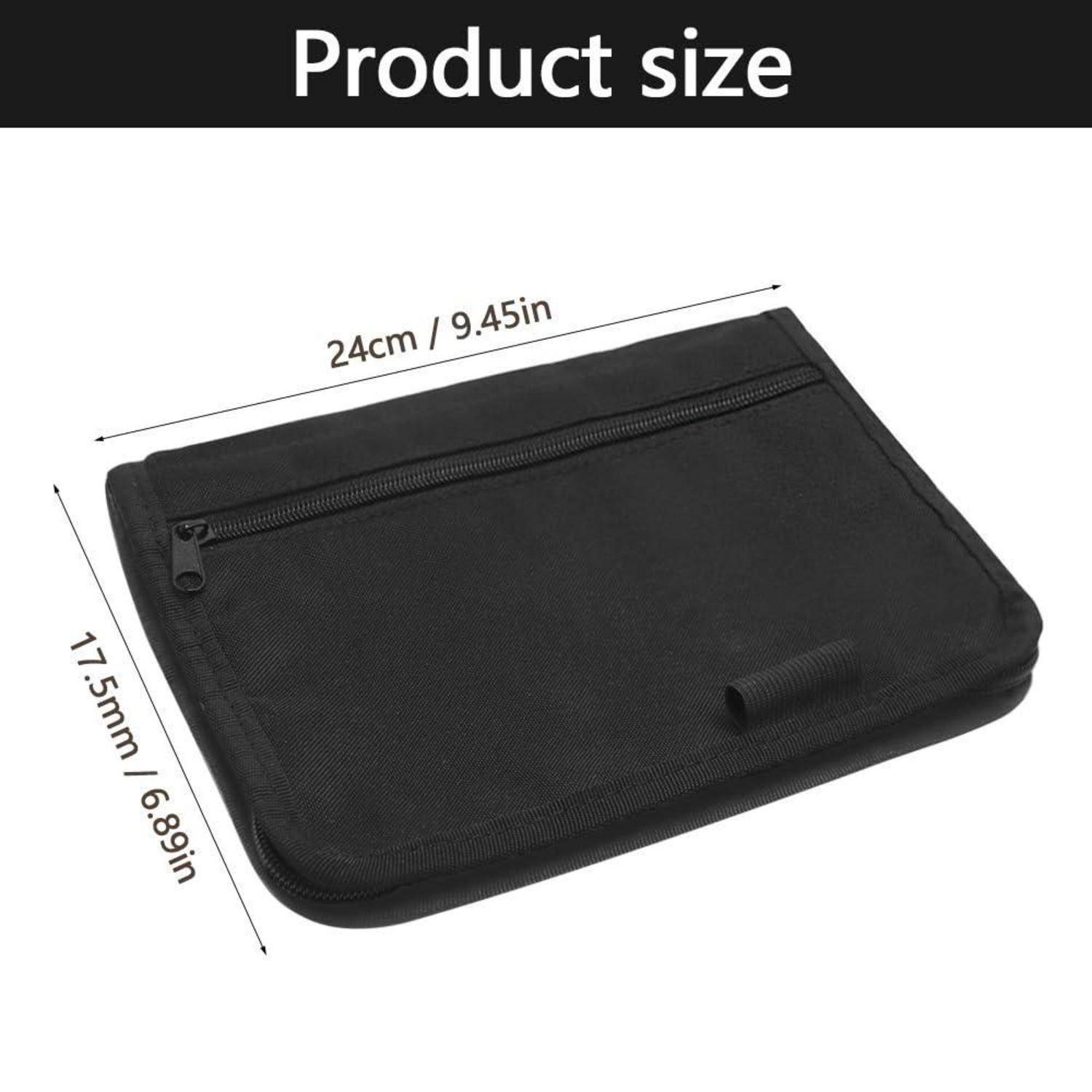 Schwarze Reißverschlusstassche mit der Aufschrift "Produktgröße"", Abmessungen 24 cm x 17,5 cm (9,45 x 6,89 Zoll).